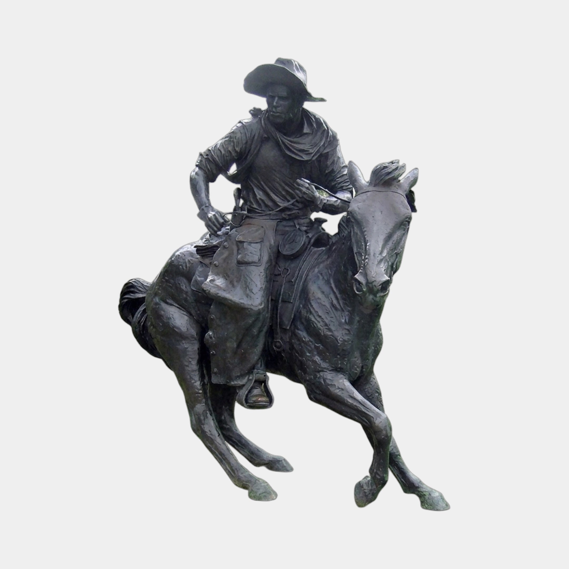 Life-Size Traditional Cowboy Riding Galloping Horse Bronze Sculpture by Giant Sculptures, dark patina rider in wide-brim hat on a horse mid-stride, plain background.