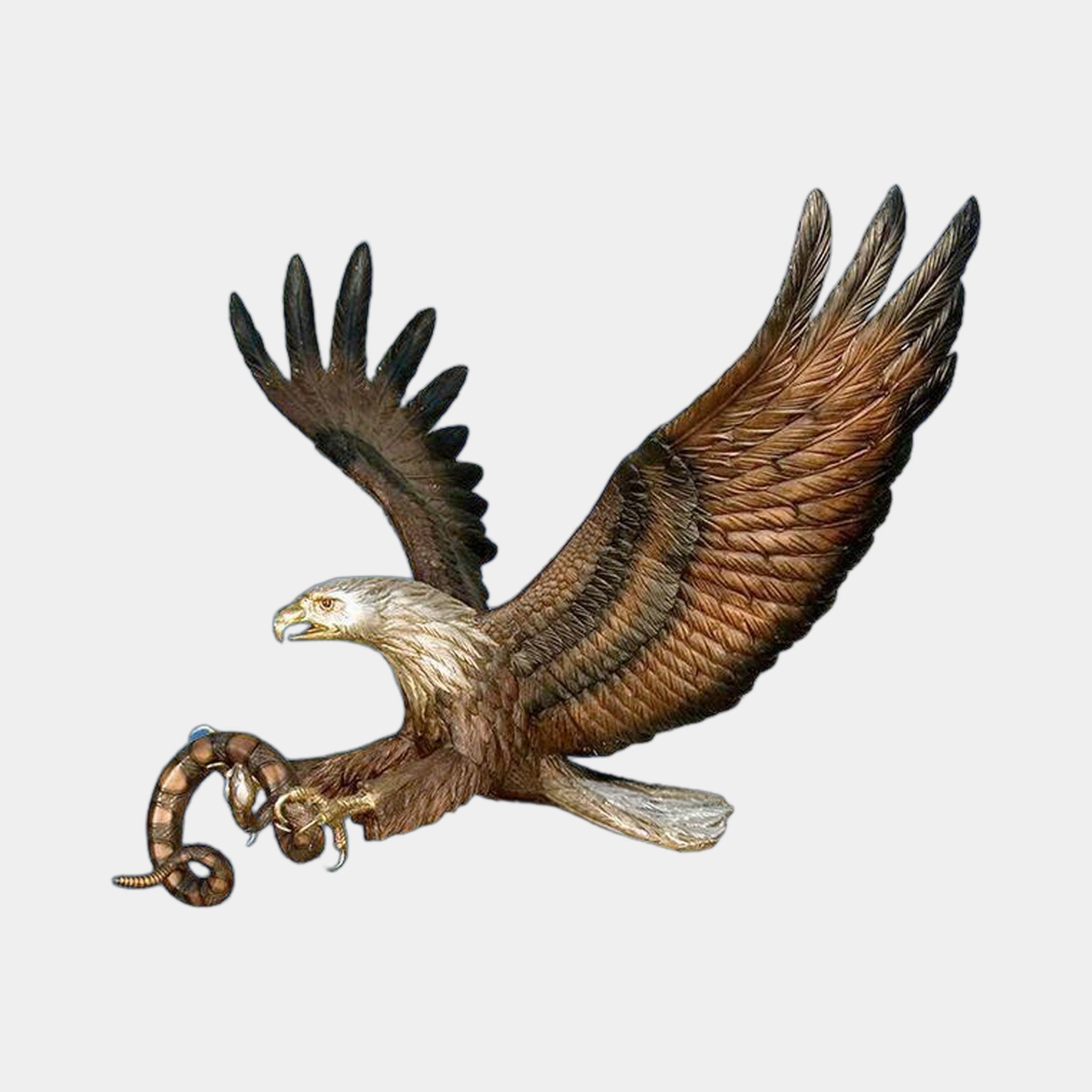 Life-Size Traditional Eagle Bronze Sculpture by Giant Sculptures shown mid-flight with wings outstretched, golden head turned left, talons gripping a coiled snake, on a plain background.