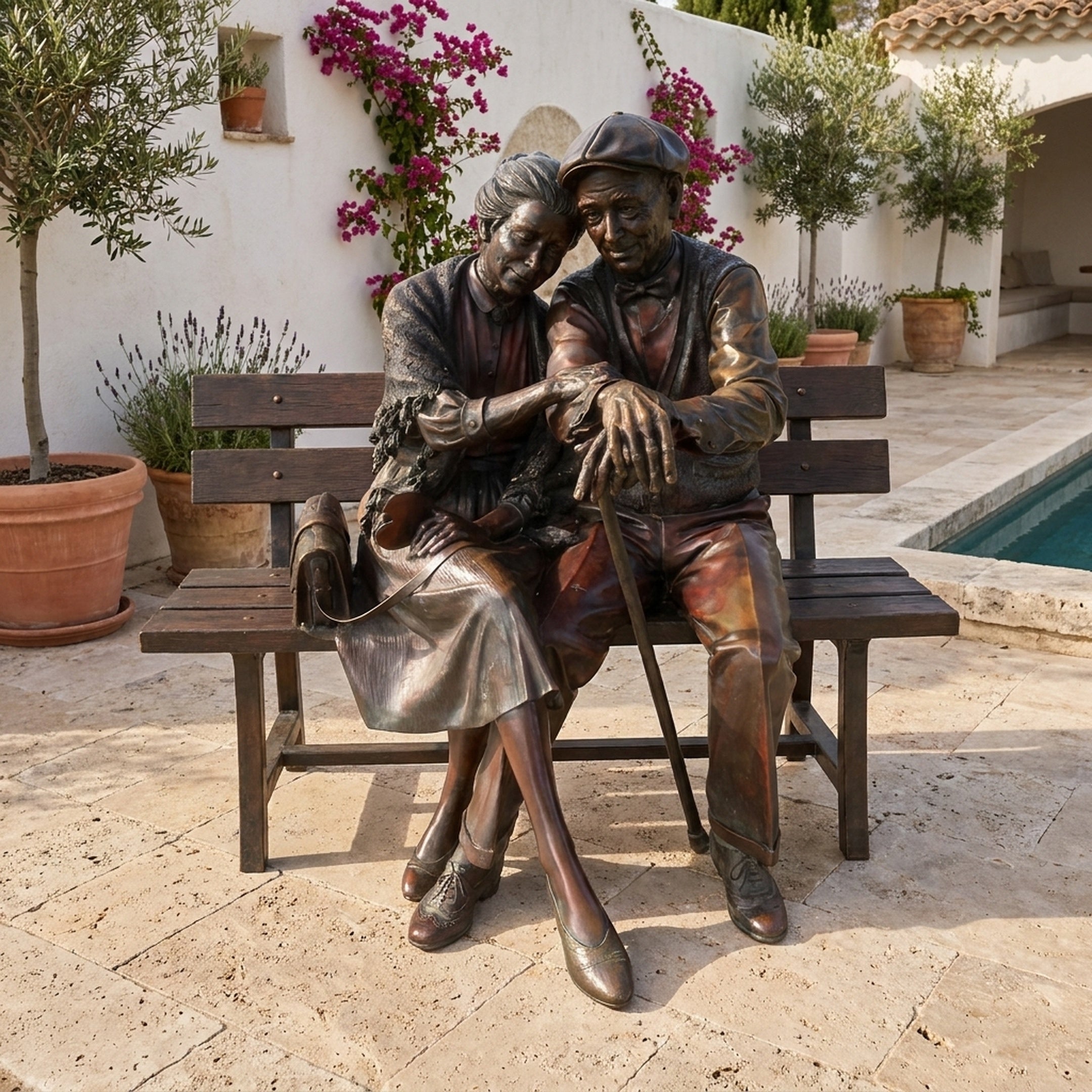 Giant Sculptures Life-Size Traditional Elderly Couple on Bench Bronze Sculpture on a Mediterranean terrace, the woman resting her head on the man's shoulder.