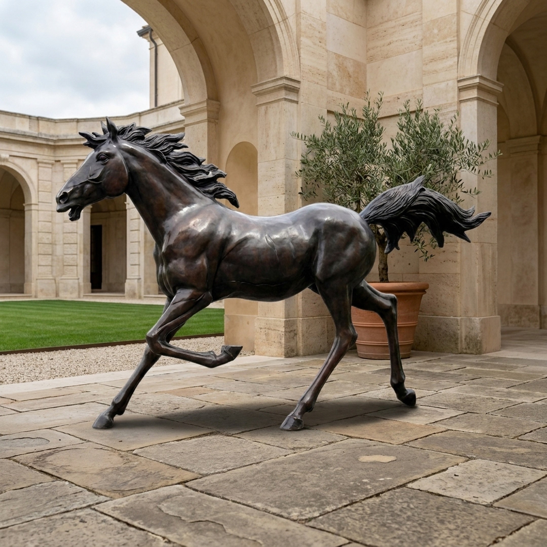Life-Size Traditional Galloping Horse Bronze Sculpture by Giant Sculptures with dark patina, shown mid-stride in a stone courtyard beside an arched colonnade.