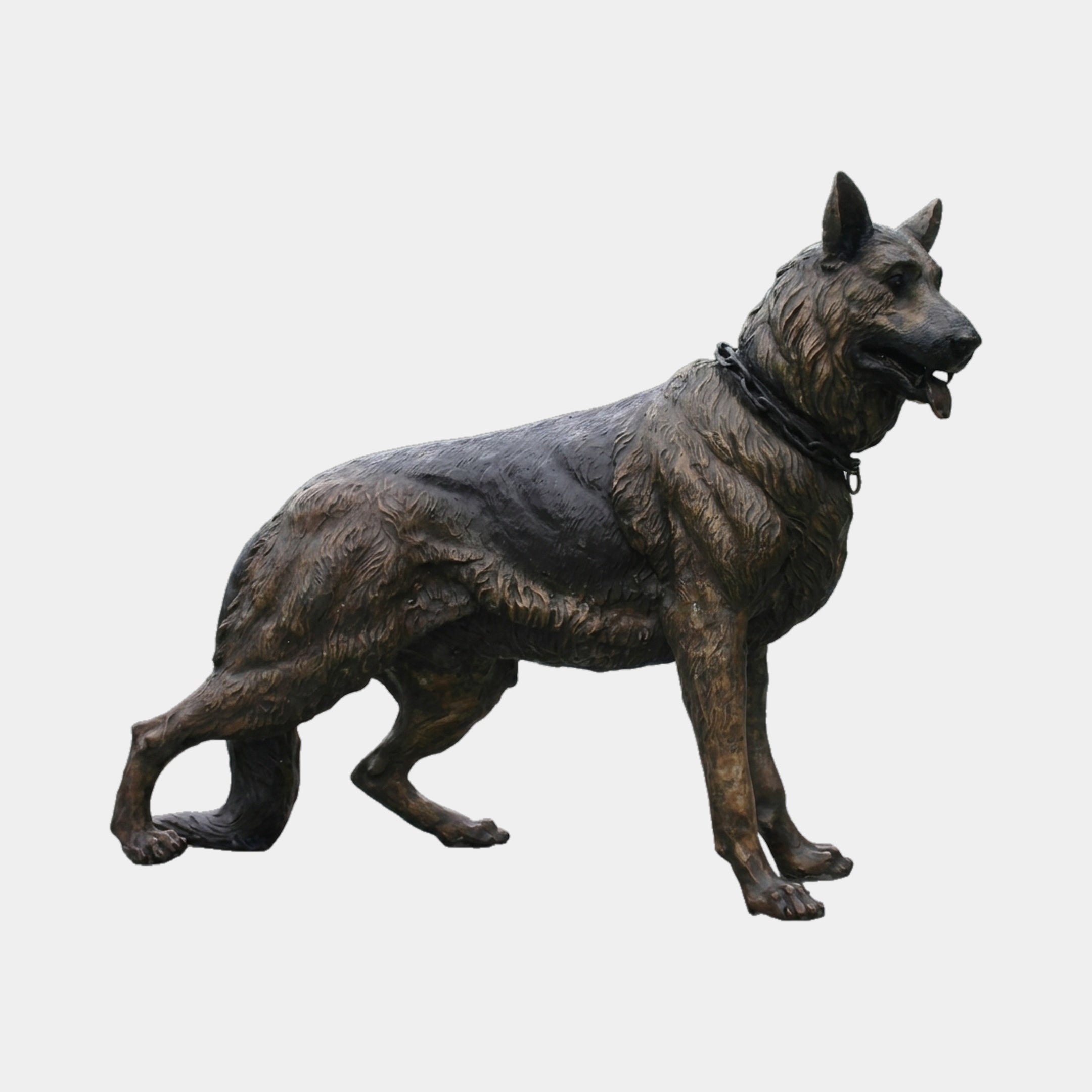 Life-Size Traditional German Shepherd Bronze Sculpture by Giant Sculptures, side view mid-stride with raised paw, dark brown patina and chain collar.