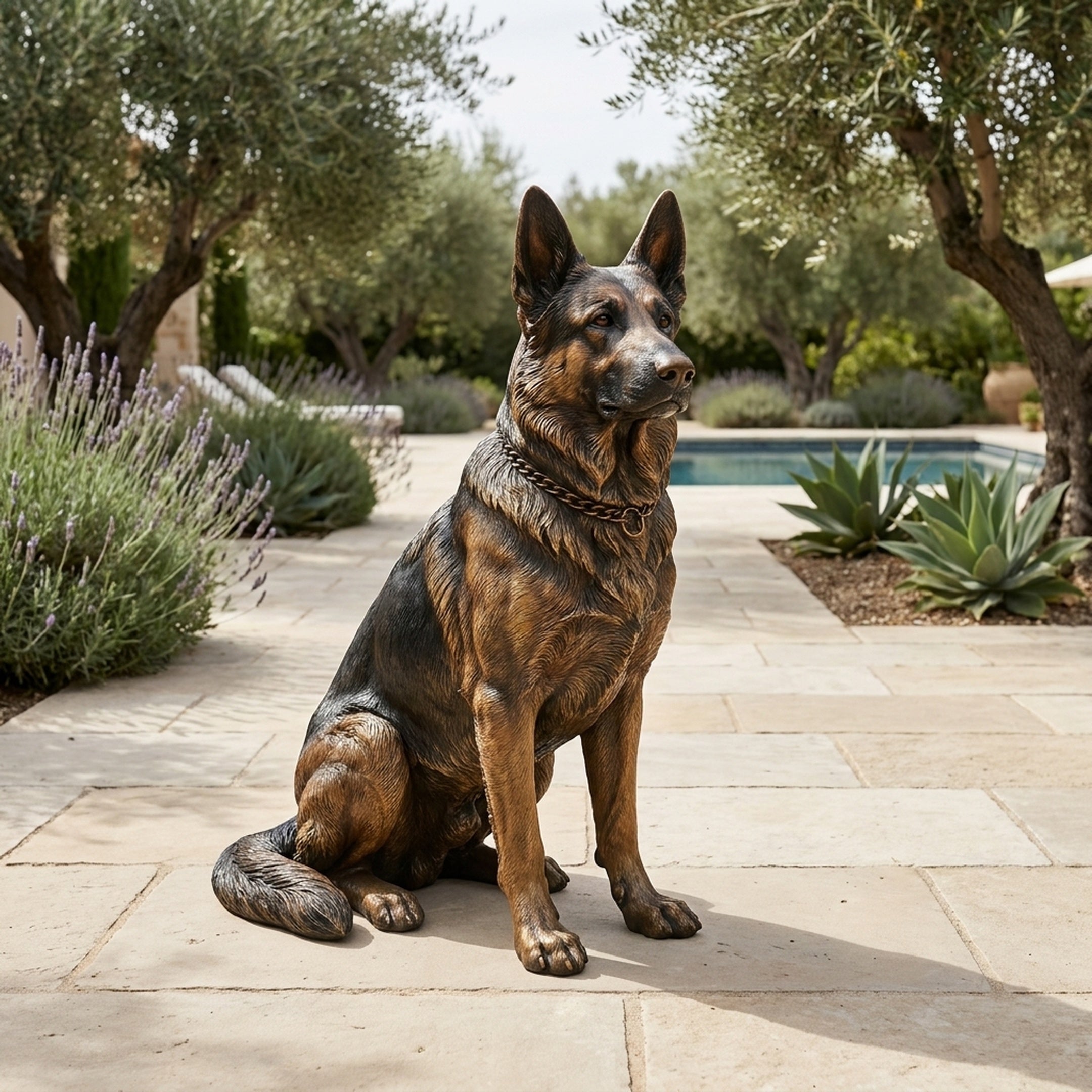 Life-Size Traditional German Shepherd Dog Bronze Sculpture seated on stone paving beside a pool, with lavender, agave, and olive trees framing the setting.