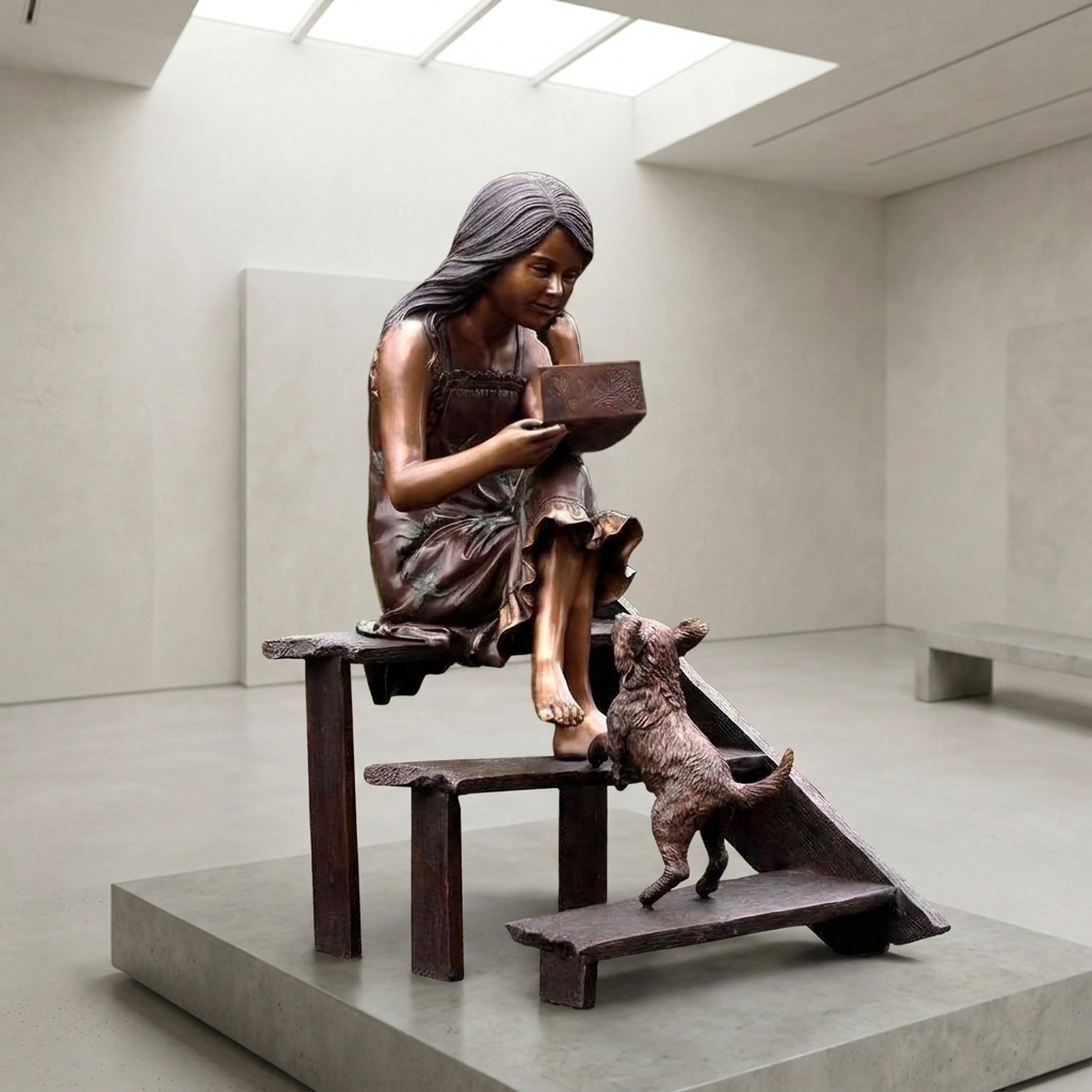 Life-Size Traditional Girl on Bench with Dog Bronze Sculpture by Giant Sculptures, seated girl holding a box as a small dog climbs wooden steps, in a gallery.