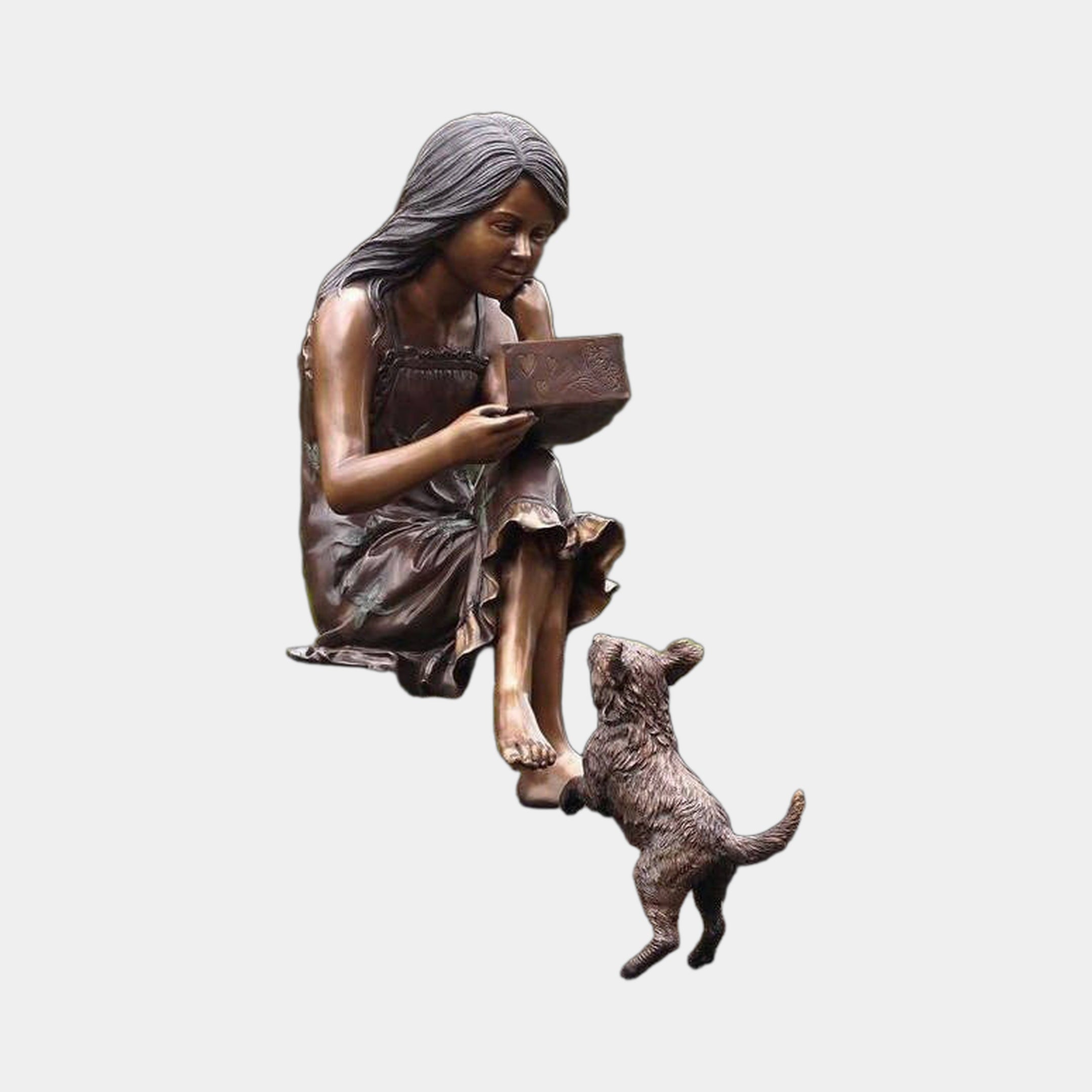 Life-Size Traditional Girl on Bench with Dog Bronze Sculpture by Giant Sculptures, showing the barefoot girl holding a heart-decorated box as a small dog reaches up.