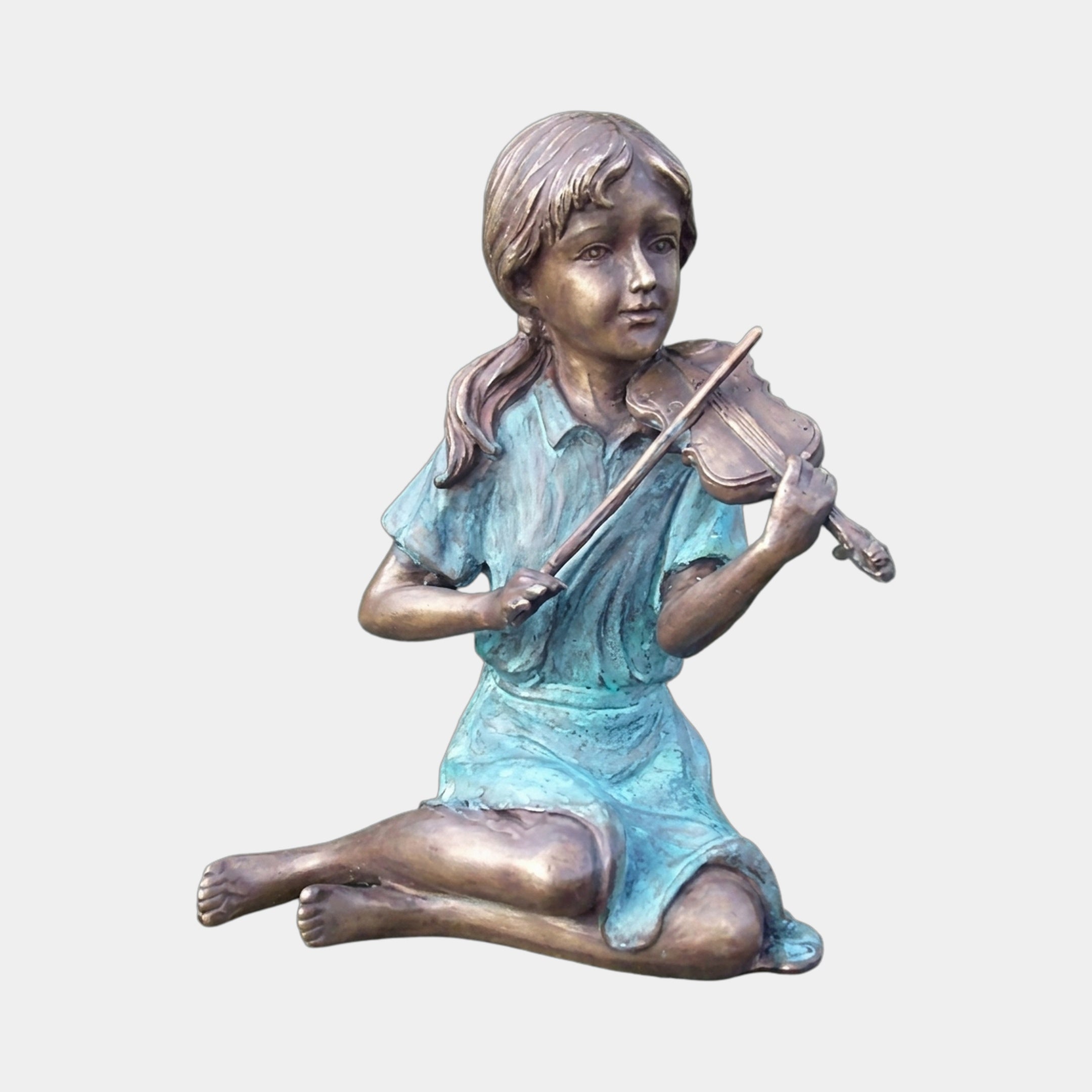 Life-Size Traditional Girl Playing Violin Bronze Sculpture by Giant Sculptures, seated cross-legged with two-tone brown and turquoise verdigris patina, on grey background.