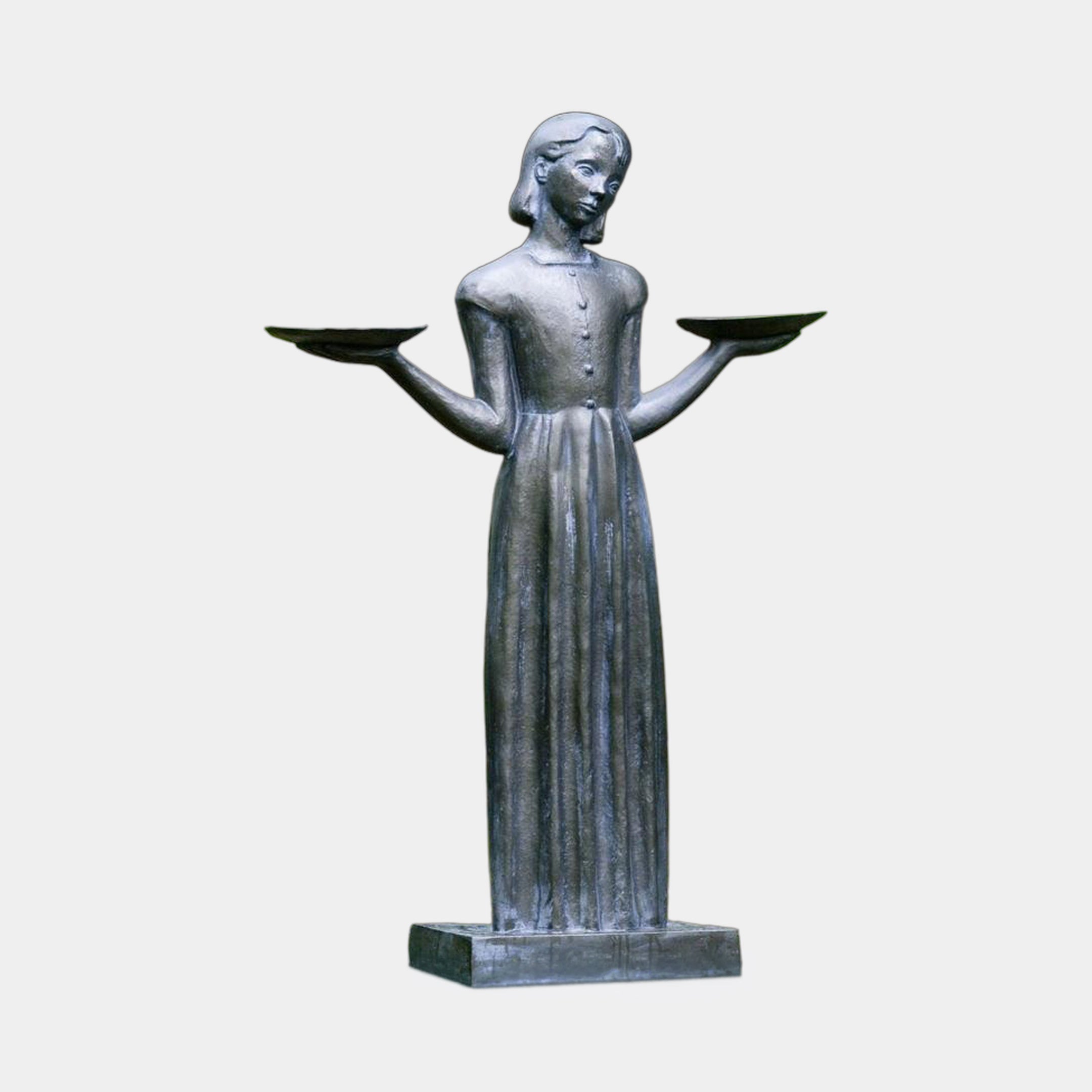 Life-Size Traditional Girl with Bird Trays Bronze Sculpture by Giant Sculptures, 220cm figure in a long buttoned dress holding two flat trays, shown on a plain background.