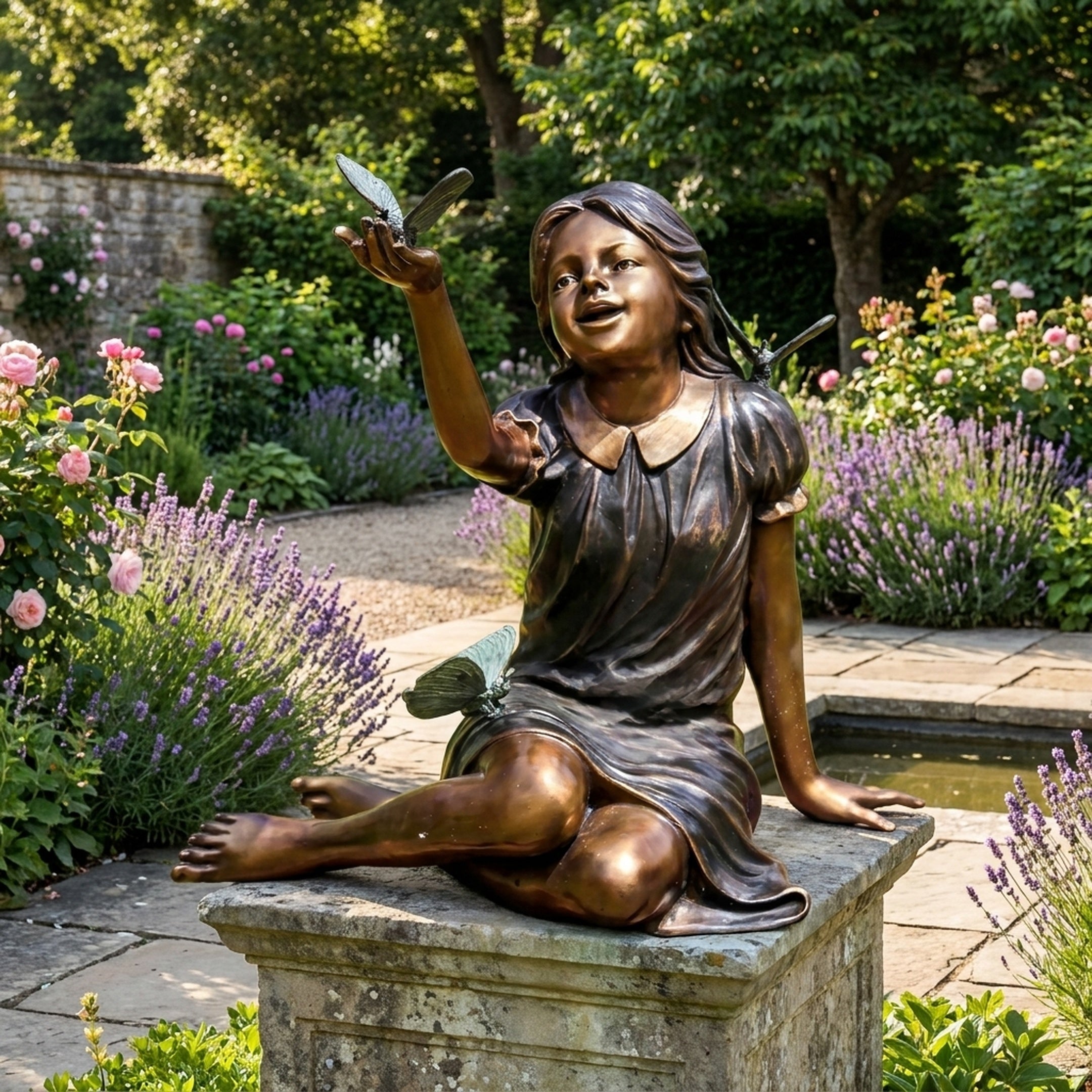 Life-Size Traditional Girl with Dragonflies Bronze Sculpture by Giant Sculptures on a stone plinth in a garden with lavender, roses, and a pond.