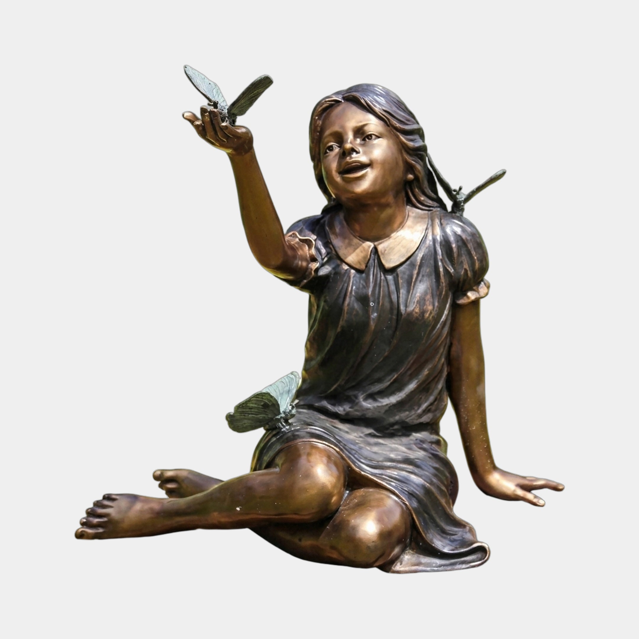 Giant Sculptures Life-Size Traditional Girl with Dragonflies Bronze Sculpture, seated cross-legged with raised hand holding a dragonfly, warm brown patina.
