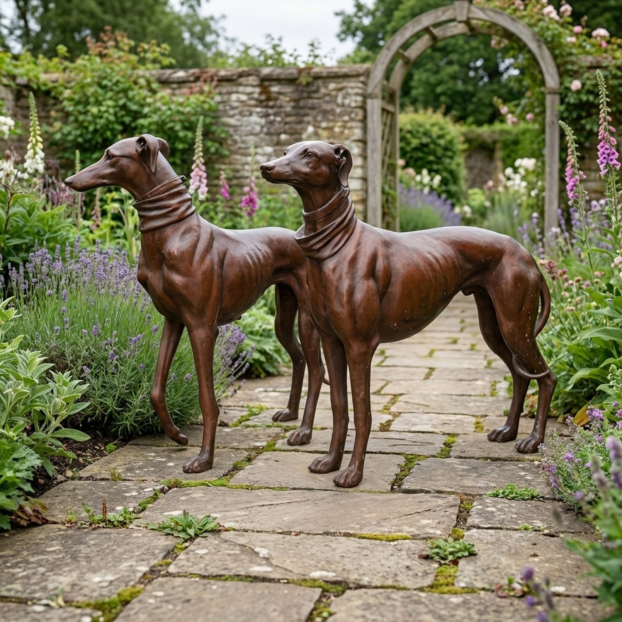 Life-Size Traditional Greyhound and Whippet Pair Bronze Sculpture by Giant Sculptures standing on a stone garden path with lavender and foxgloves.