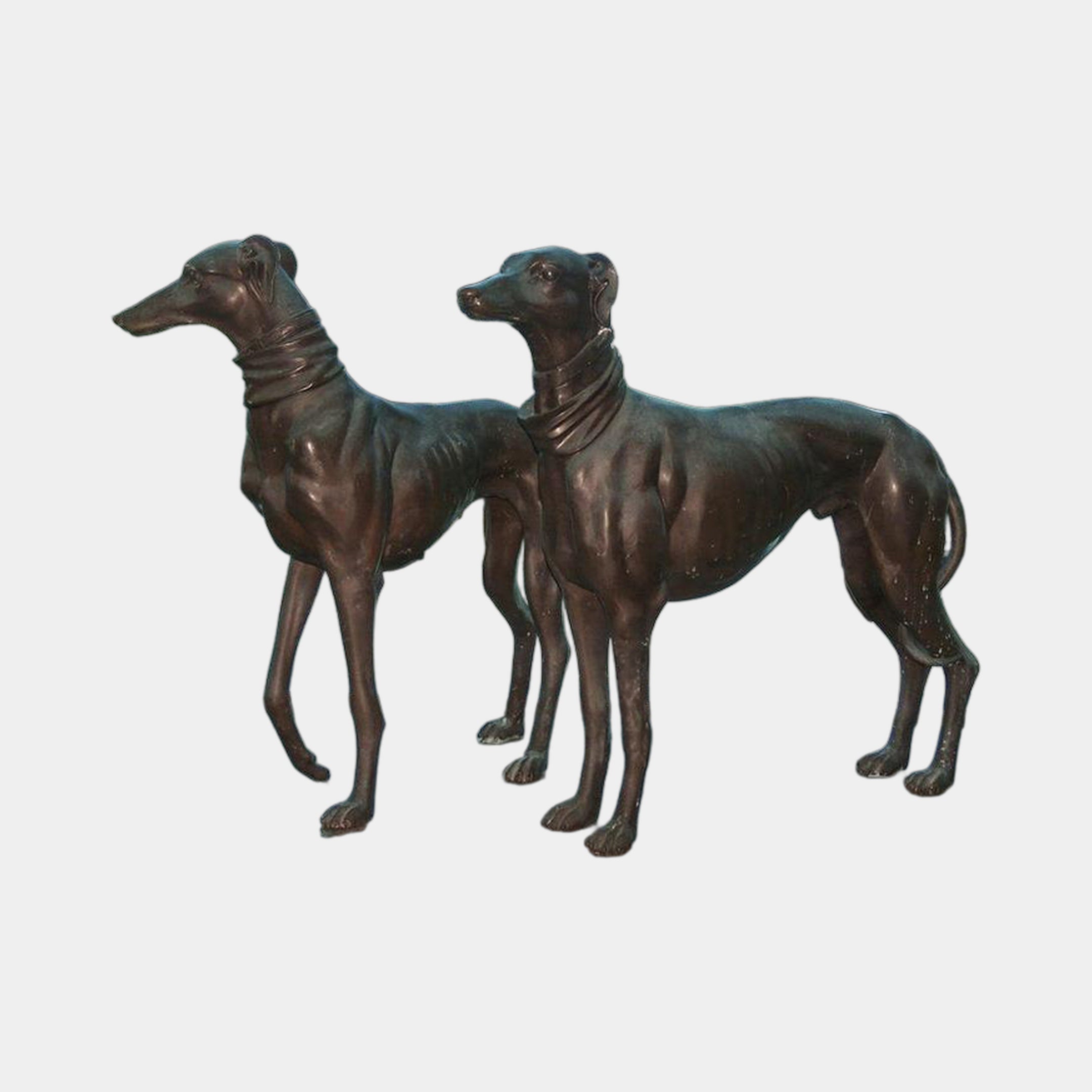 Life-Size Traditional Greyhound and Whippet Pair Bronze Sculpture by Giant Sculptures, two sighthounds standing alert with ruffled collars and warm brown patina.