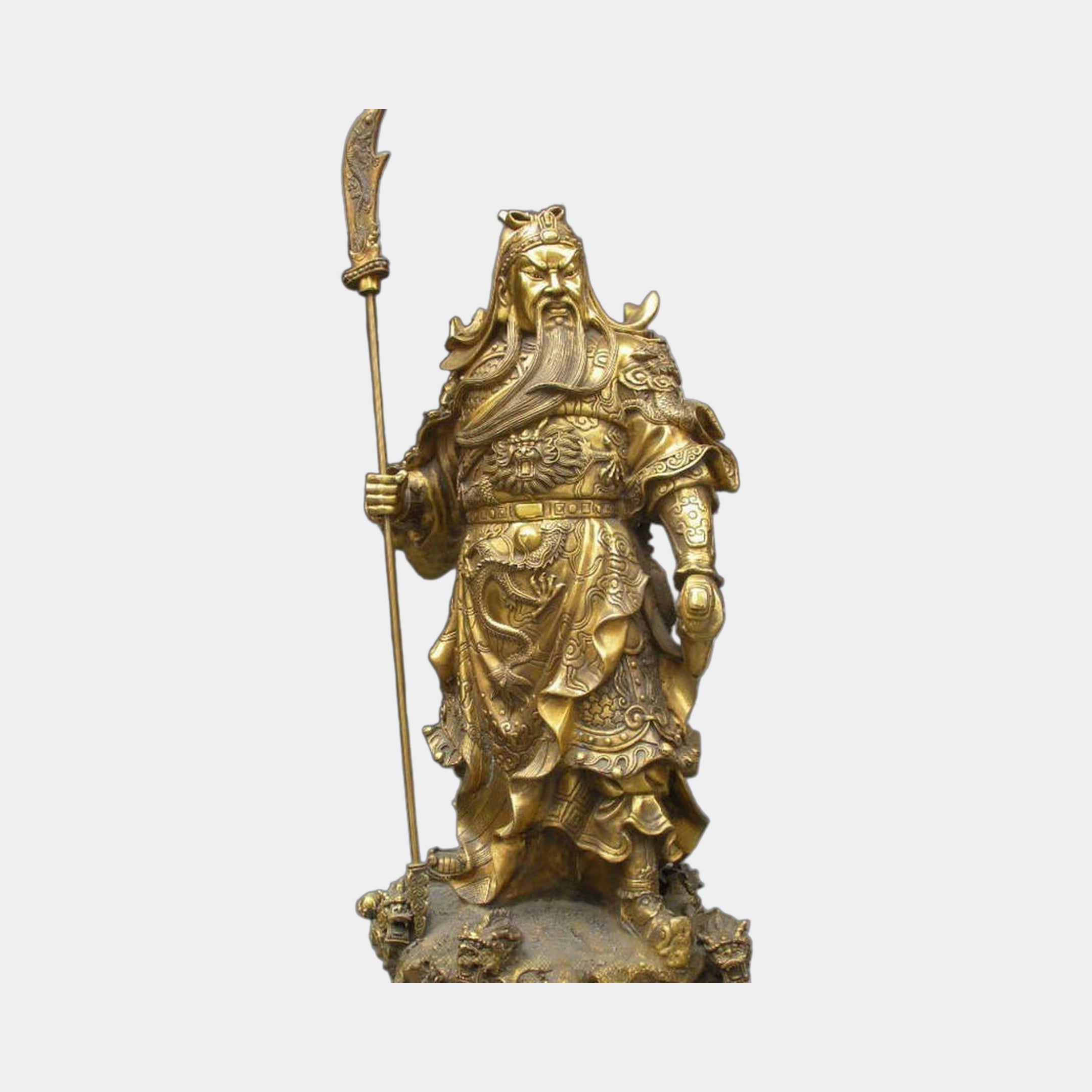 Life-Size Traditional Guan Yu Warrior Bronze Statue from Giant Sculptures, gold-finished figure in dragon-motif armour holding the Green Dragon Crescent Blade.
