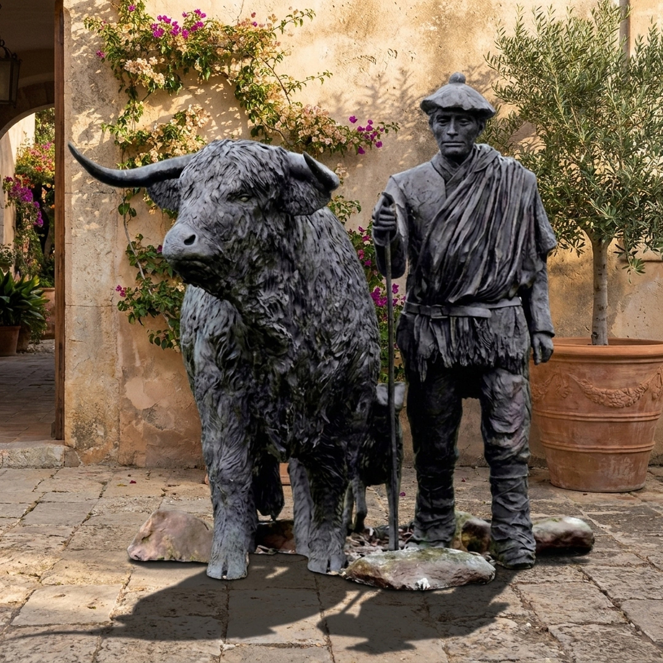 Life-Size Traditional Highland Bull and Drover Bronze Sculpture Group by Giant Sculptures displayed on stone paving beside a rendered wall with bougainvillea and potted olive tree.
