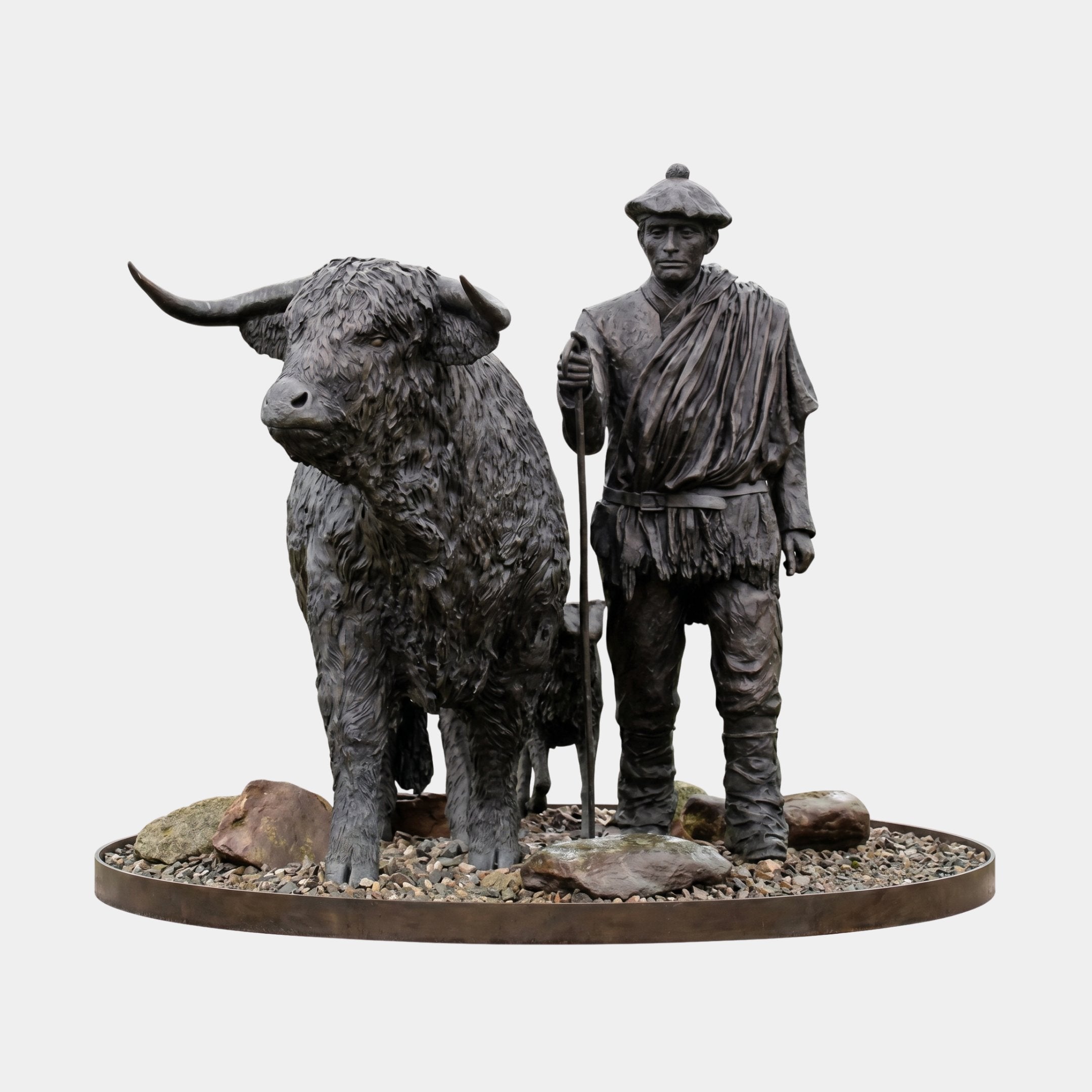 Giant Sculptures Life-Size Traditional Highland Bull and Drover Bronze Sculpture Group, 240cm, with dark patinated bull, staff-holding figure, and rock base.