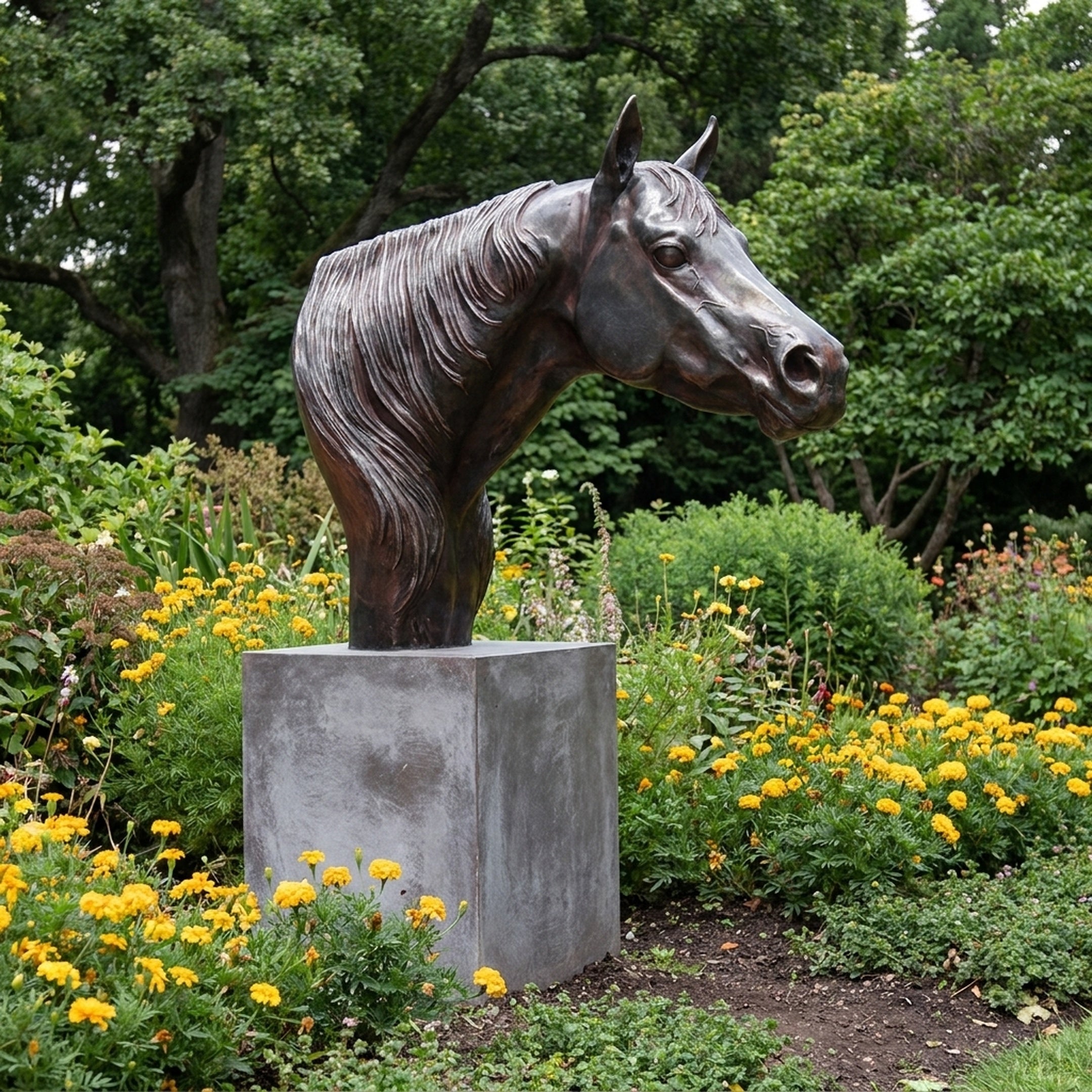 Life-Size Traditional Horse Head Bronze Sculpture by Giant Sculptures, dark bronze patina on a stone plinth, set among yellow marigolds and garden greenery.
