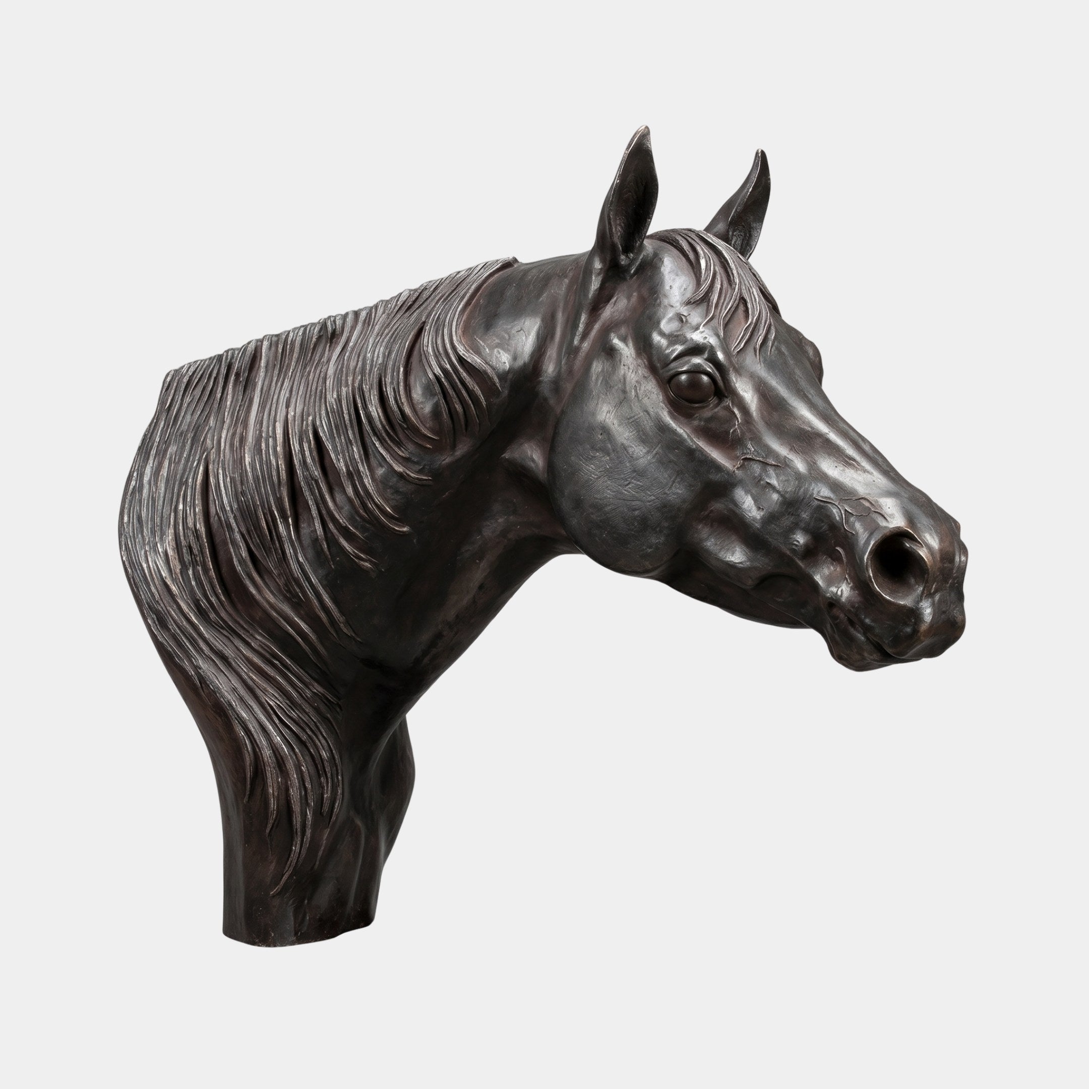 Life-Size Traditional Horse Head Bronze Sculpture by Giant Sculptures, dark brown patina with reddish highlights, head turned right, shown on a plain background.