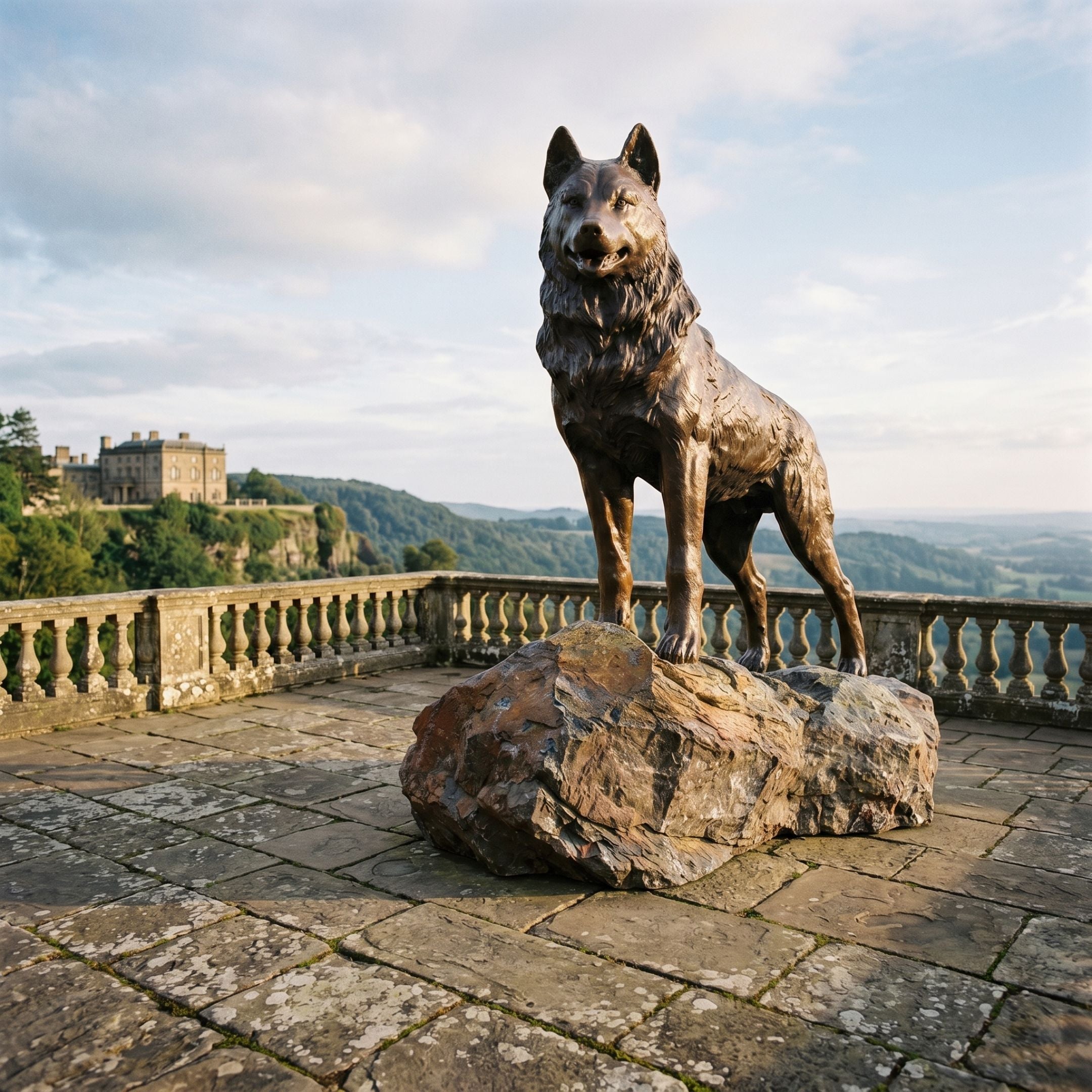 Life-Size Traditional Husky Dog Bronze Sculpture by Giant Sculptures, standing alert on a rugged rock base atop a balustraded terrace overlooking a country estate.