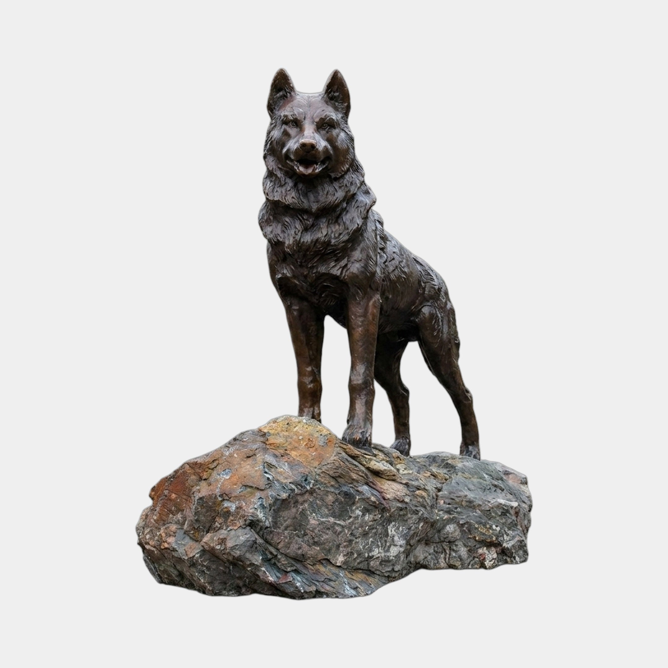 Life-Size Traditional Husky Dog Bronze Sculpture by Giant Sculptures, standing alert on a natural rock base with dark brown patina, against a plain background.