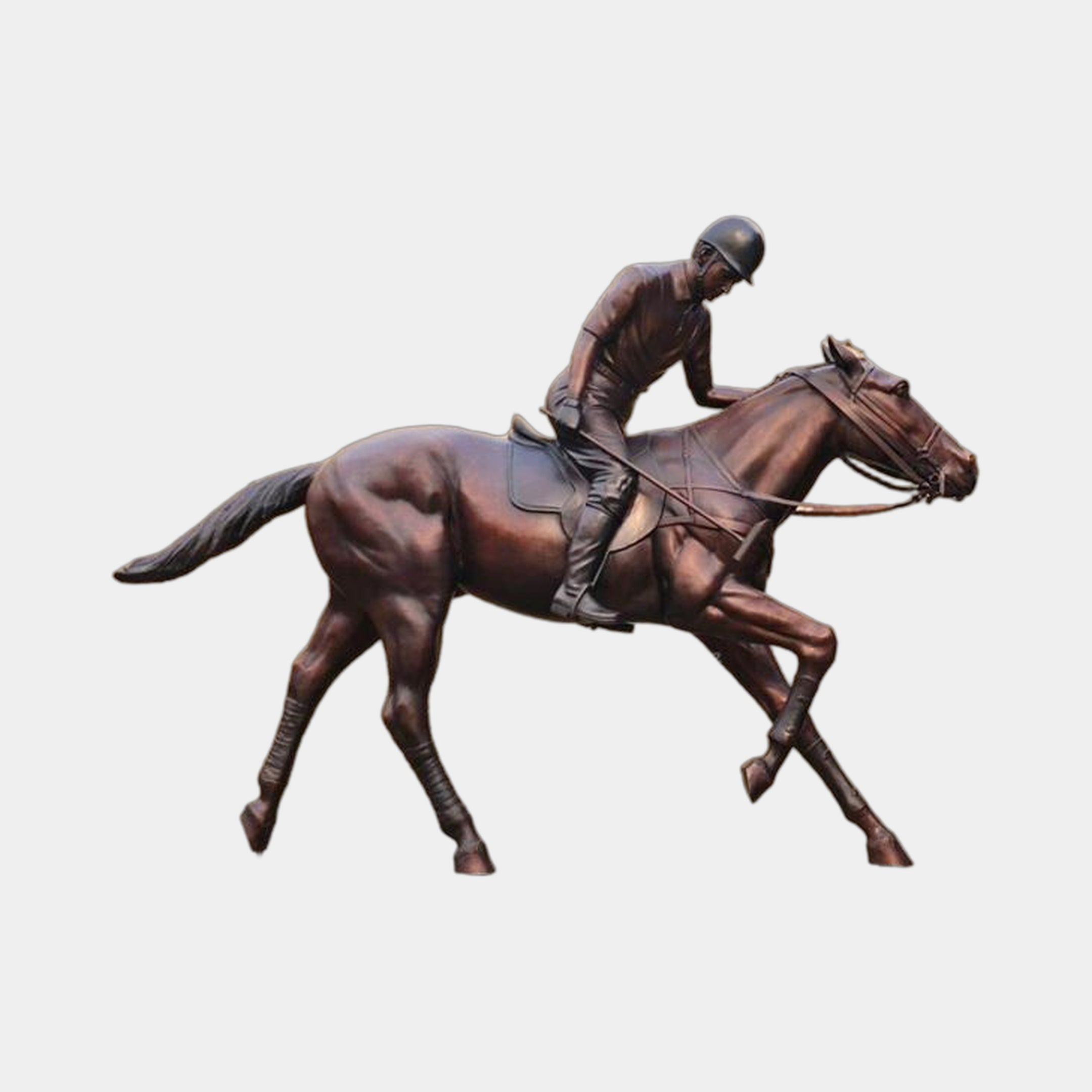 Giant Sculptures Life-Size Traditional Jockey and Galloping Horse Bronze Sculpture 280cm, warm brown patina, rider crouched low, shown side-on against a plain background.