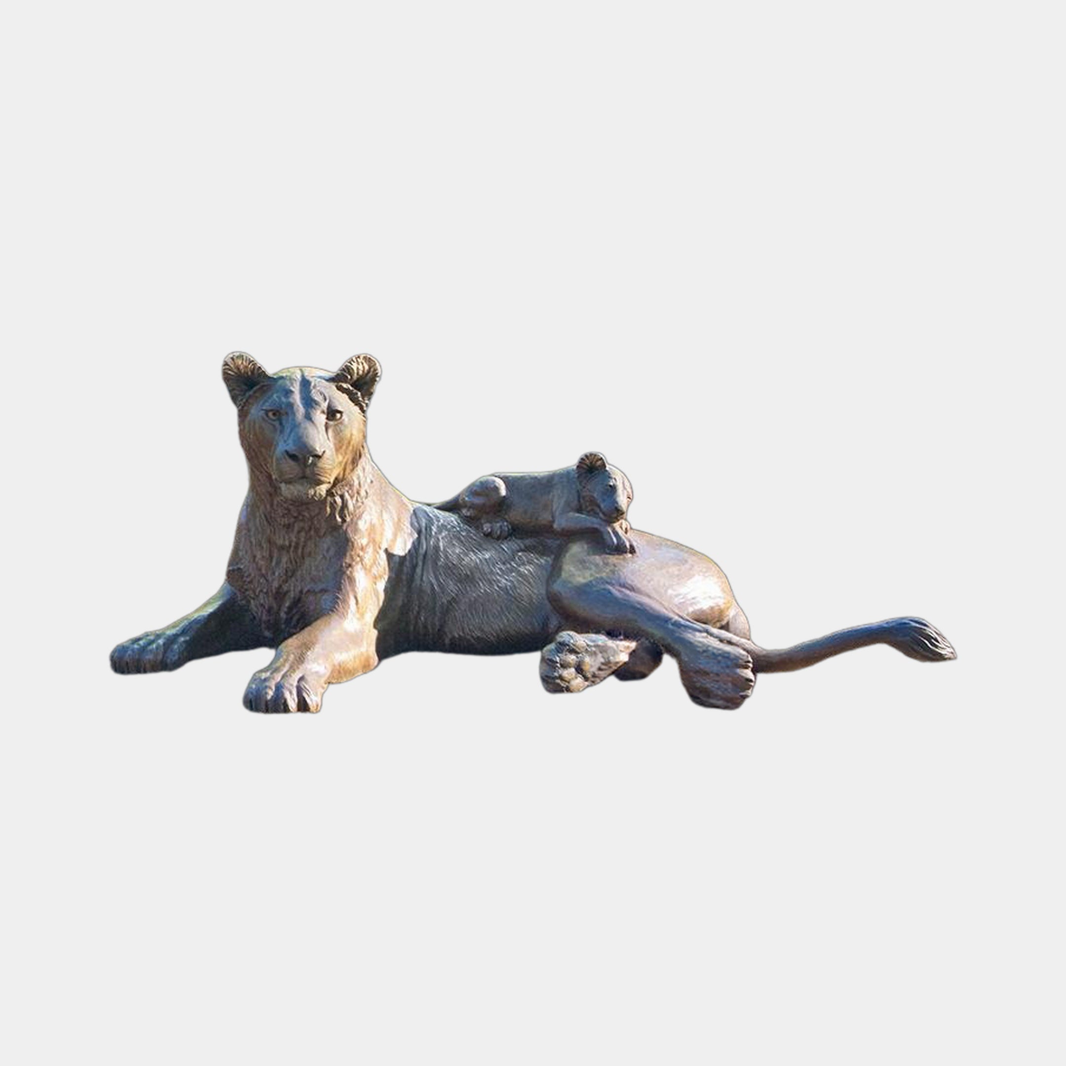 Life-Size Traditional Lioness and Cub Bronze Sculpture by Giant Sculptures, 110cm, shown recumbent with cub draped across her back, warm brown patina.
