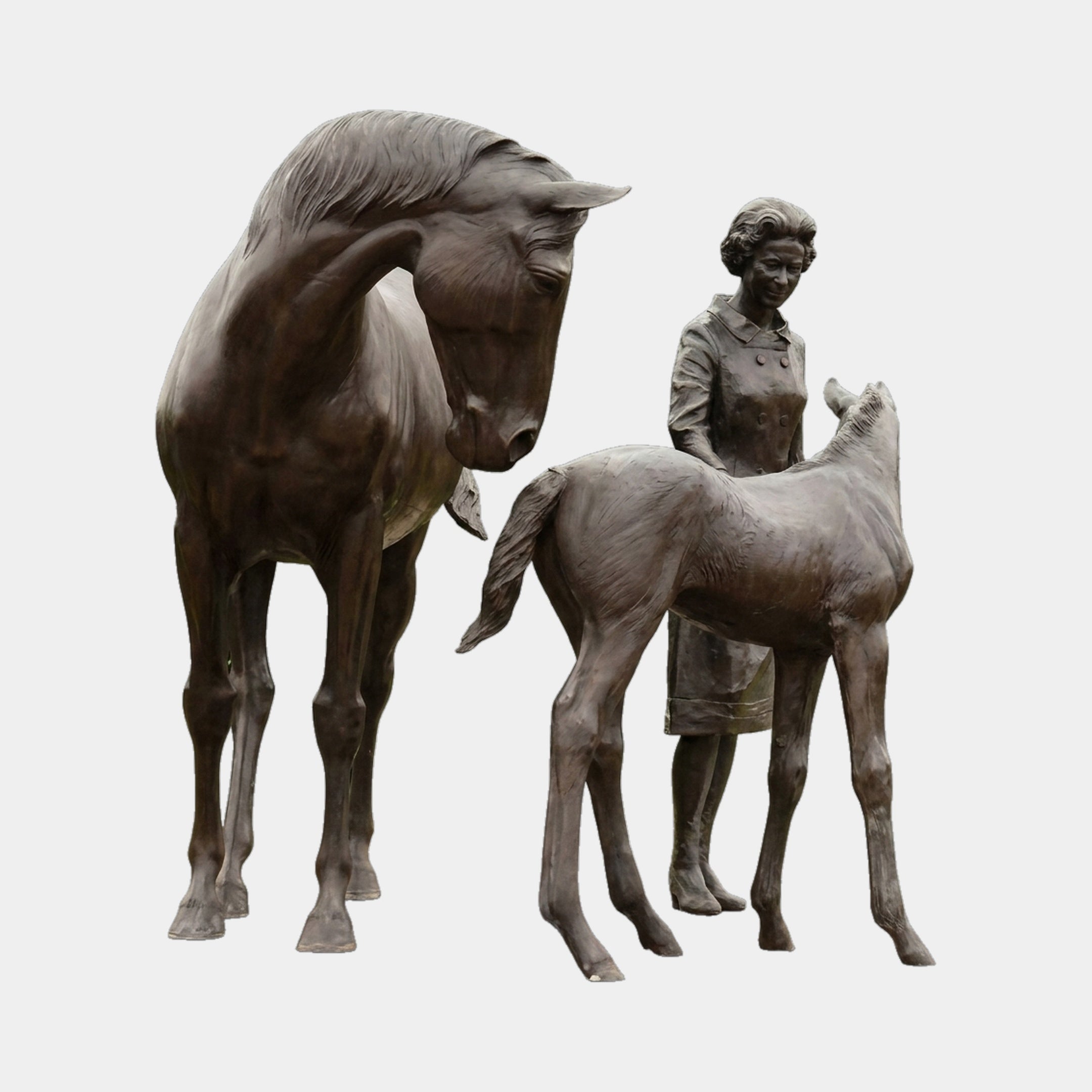 Giant Sculptures Life-Size Traditional Mare and Foal Bronze Sculpture 190cm, dark patinated mare bowing toward a foal with a standing female figure behind.
