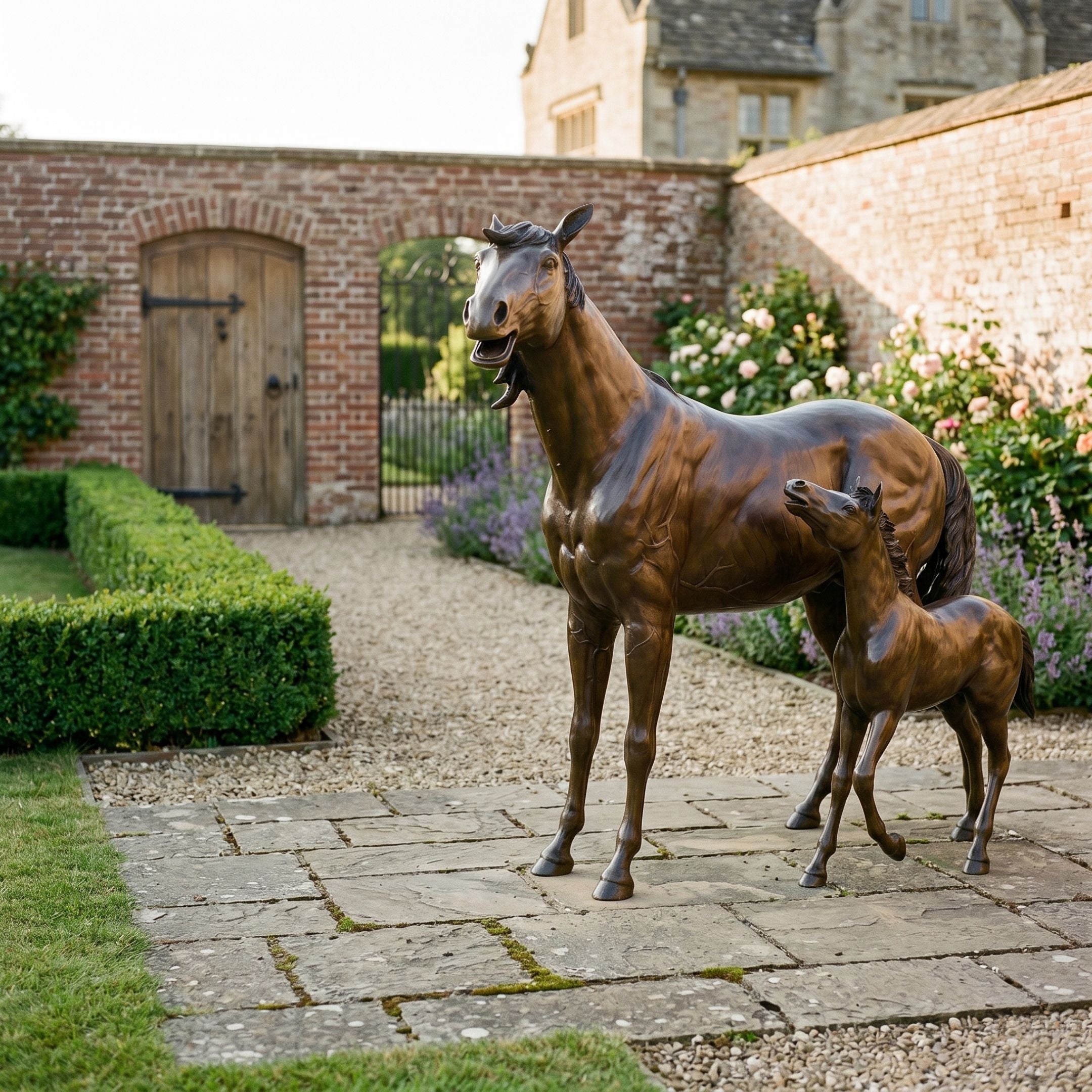 Life-Size Traditional Mare and Foal Bronze Sculpture by Giant Sculptures, warm brown patina, displayed on a stone courtyard path beside roses and a brick wall.