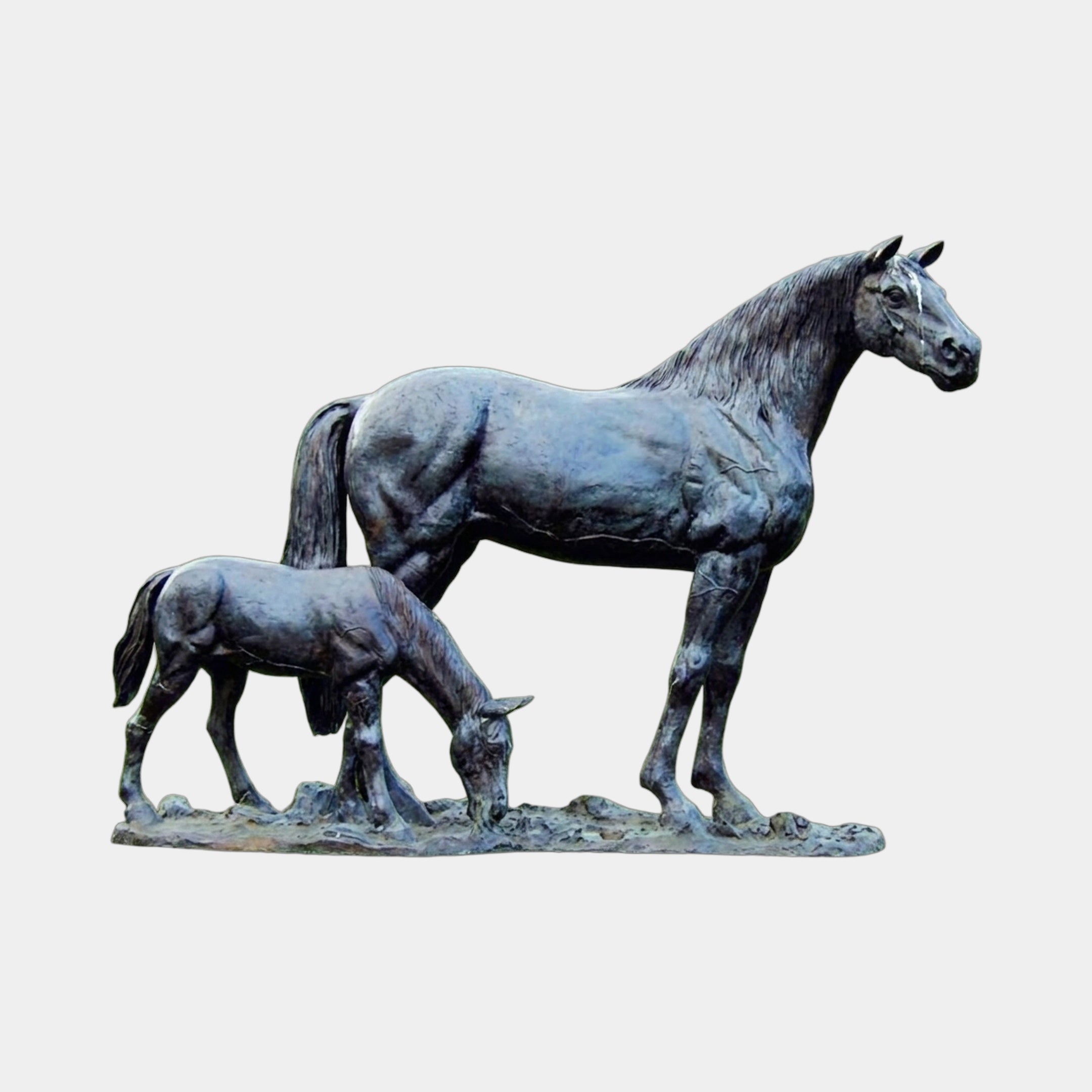 Life-Size Traditional Mare and Foal Bronze Sculpture by Giant Sculptures, 190cm, blackened patina mare standing alert beside a grazing foal on a textured base.