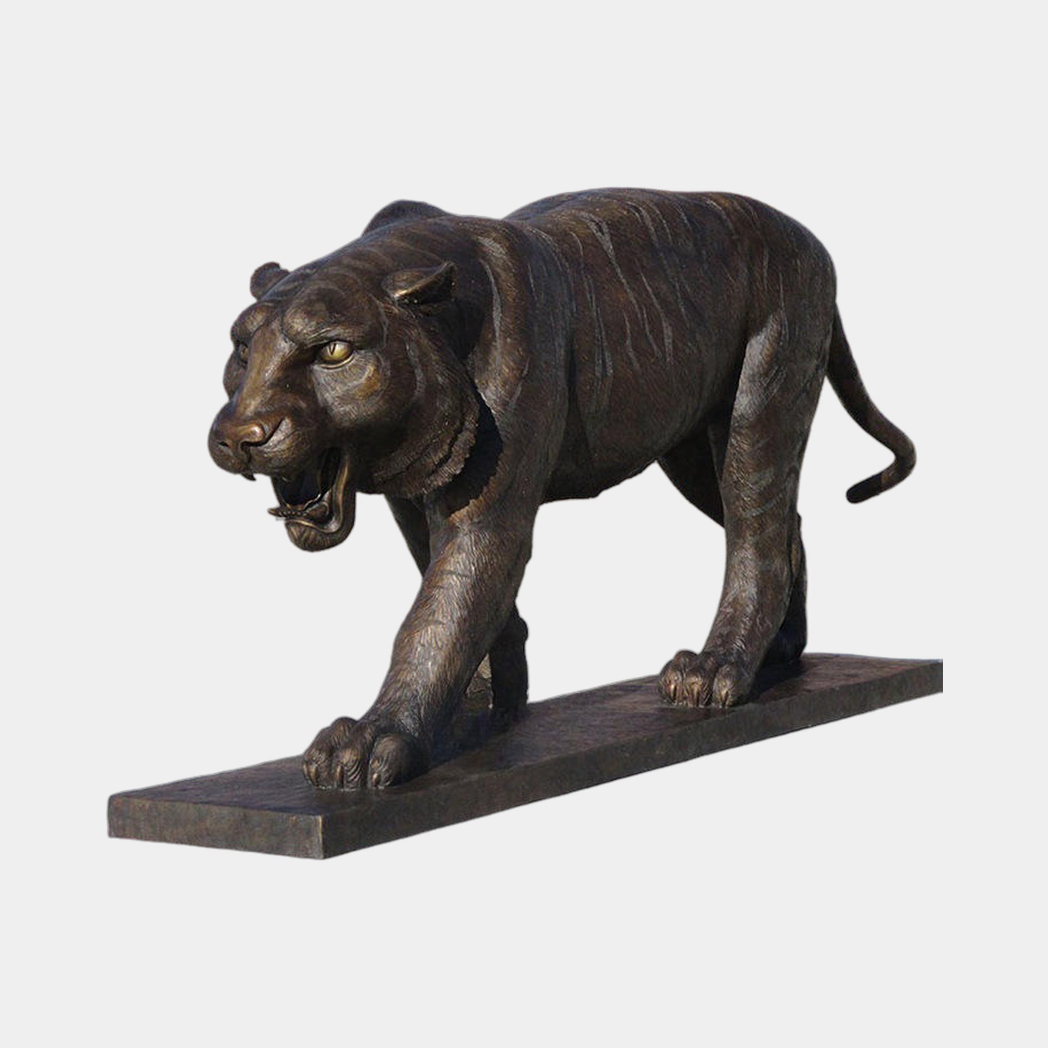 Giant Sculptures Life-Size Traditional Prowling Tiger Bronze Sculpture 220cm, mid-stride with snarling head turned forward, dark patina, on a rectangular base.