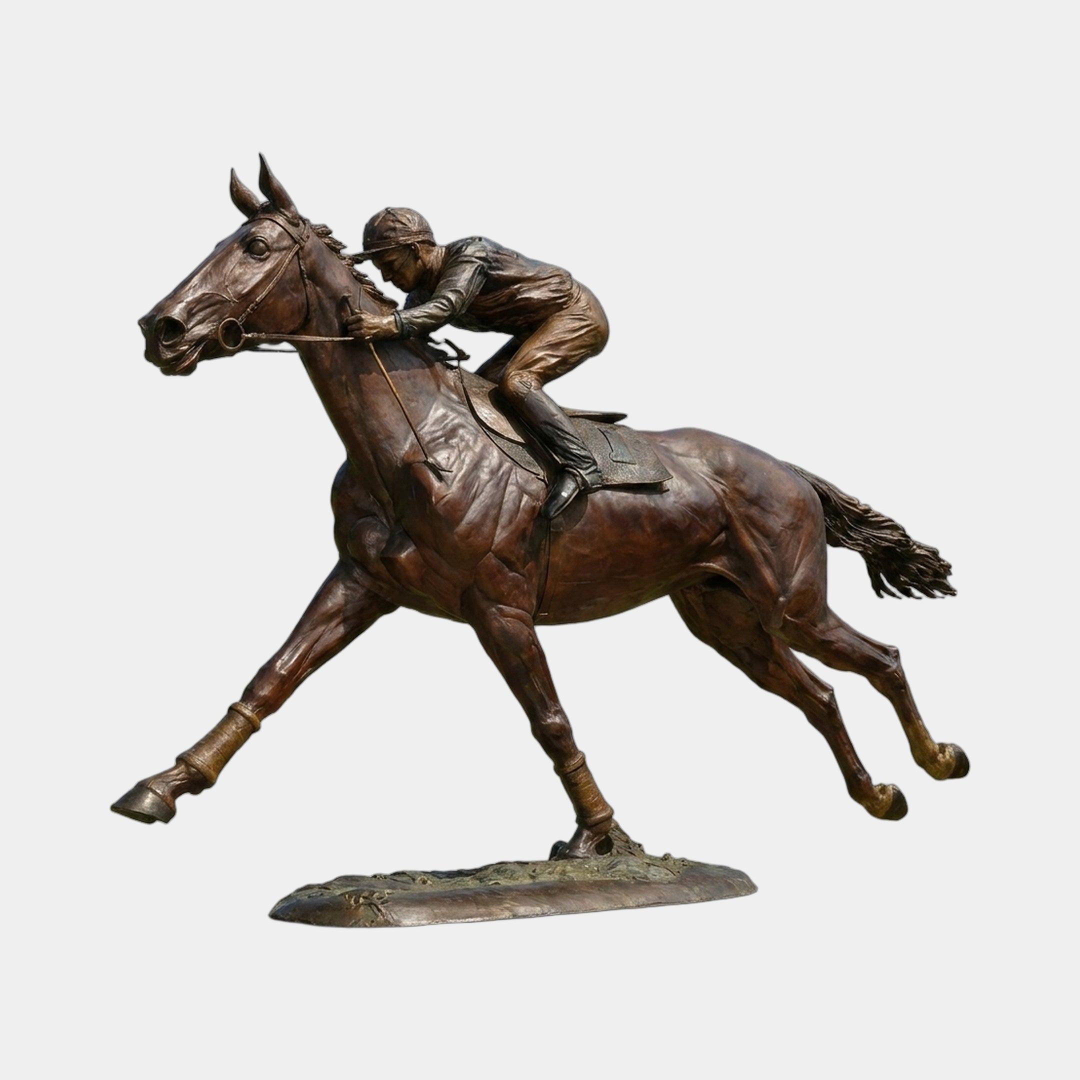 Life-Size Traditional Racing Horse and Jockey Bronze Sculpture 180cm from Giant Sculptures, shown in side view at full gallop with crouched jockey on a stone base.