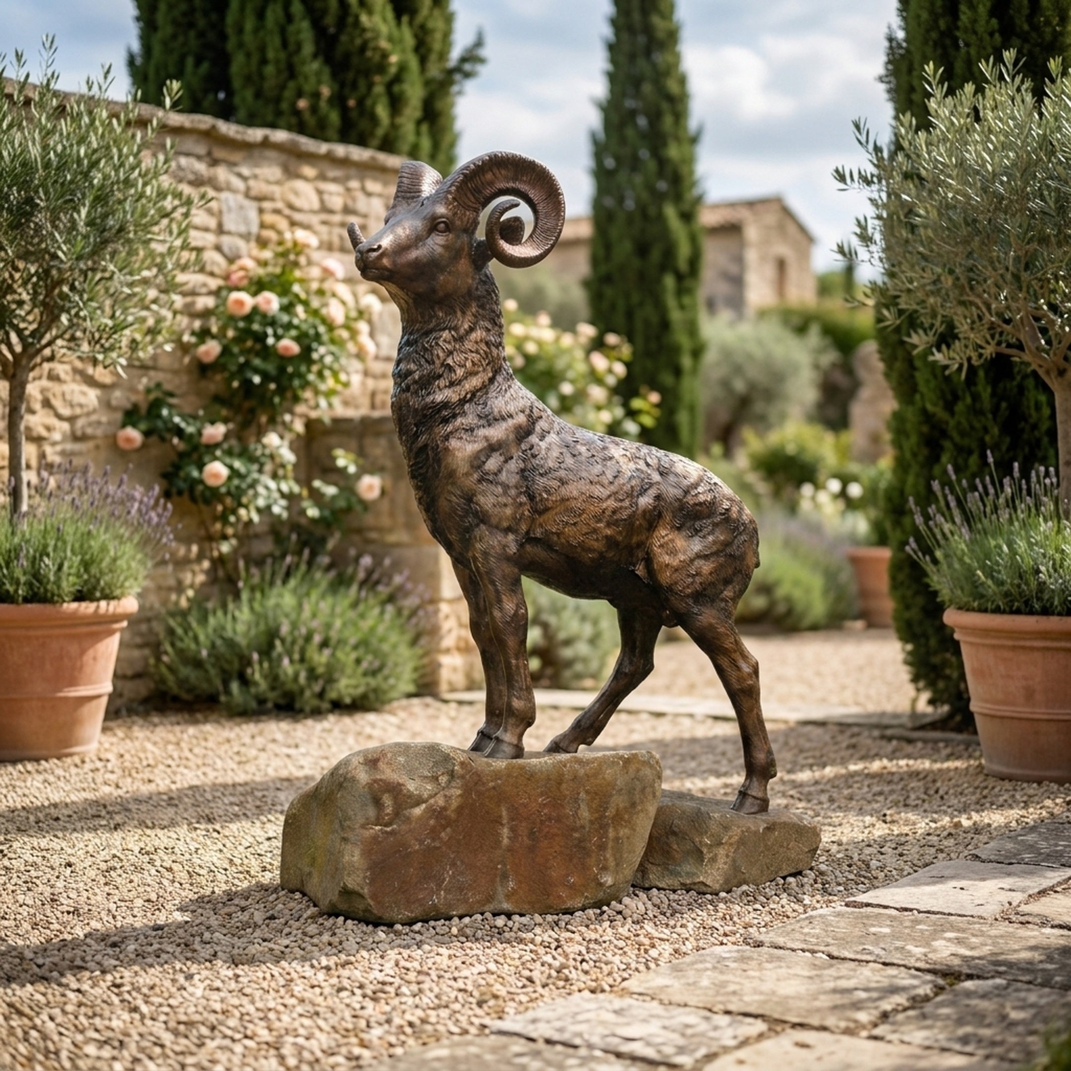 Life-Size Traditional Ram Bronze Sculpture by Giant Sculptures, 200cm, shown on a stone boulder base in a Mediterranean garden with lavender and cypress trees.