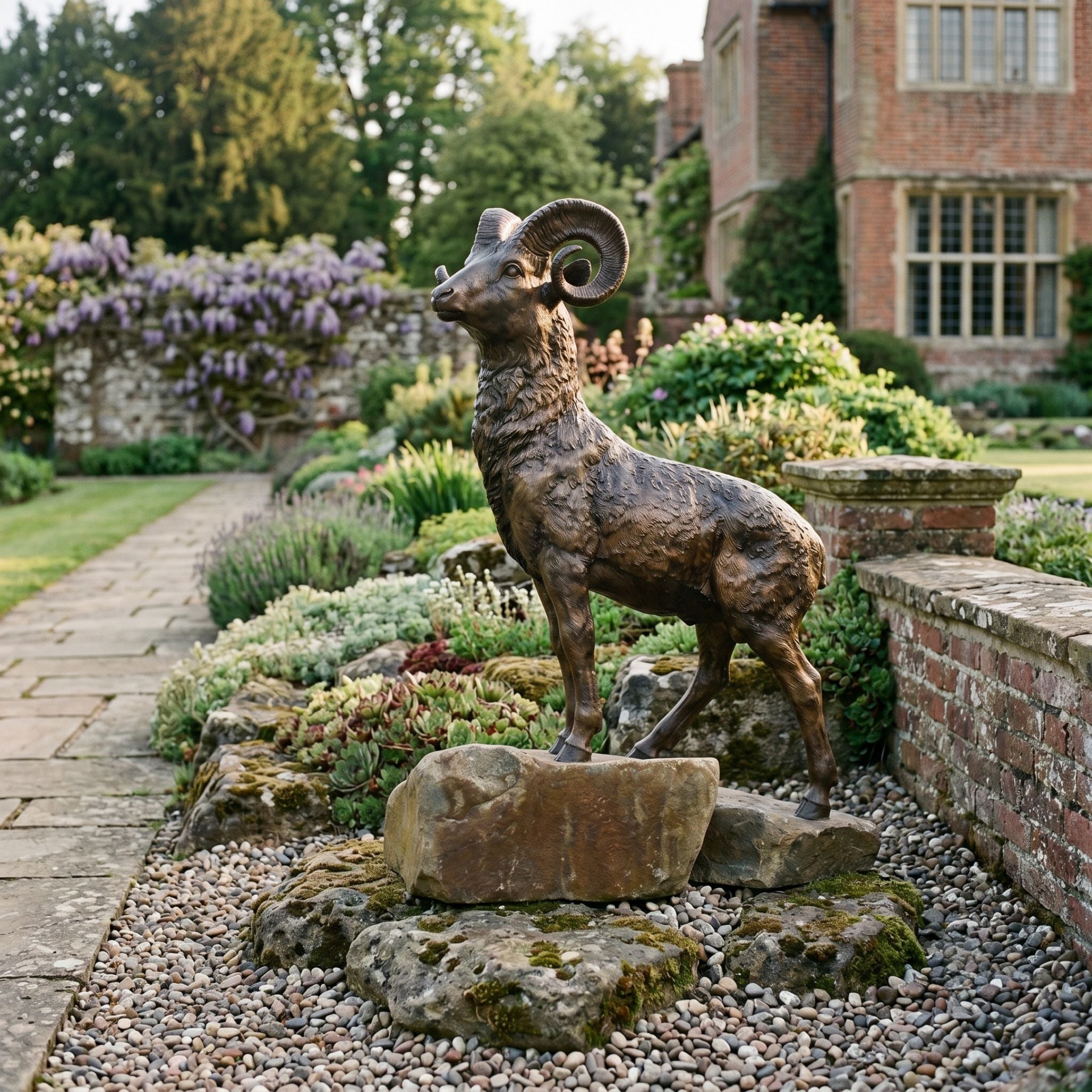 Life-Size Traditional Ram Bronze Sculpture by Giant Sculptures, shown in profile on a rock base in a country garden with wisteria and a brick manor behind.
