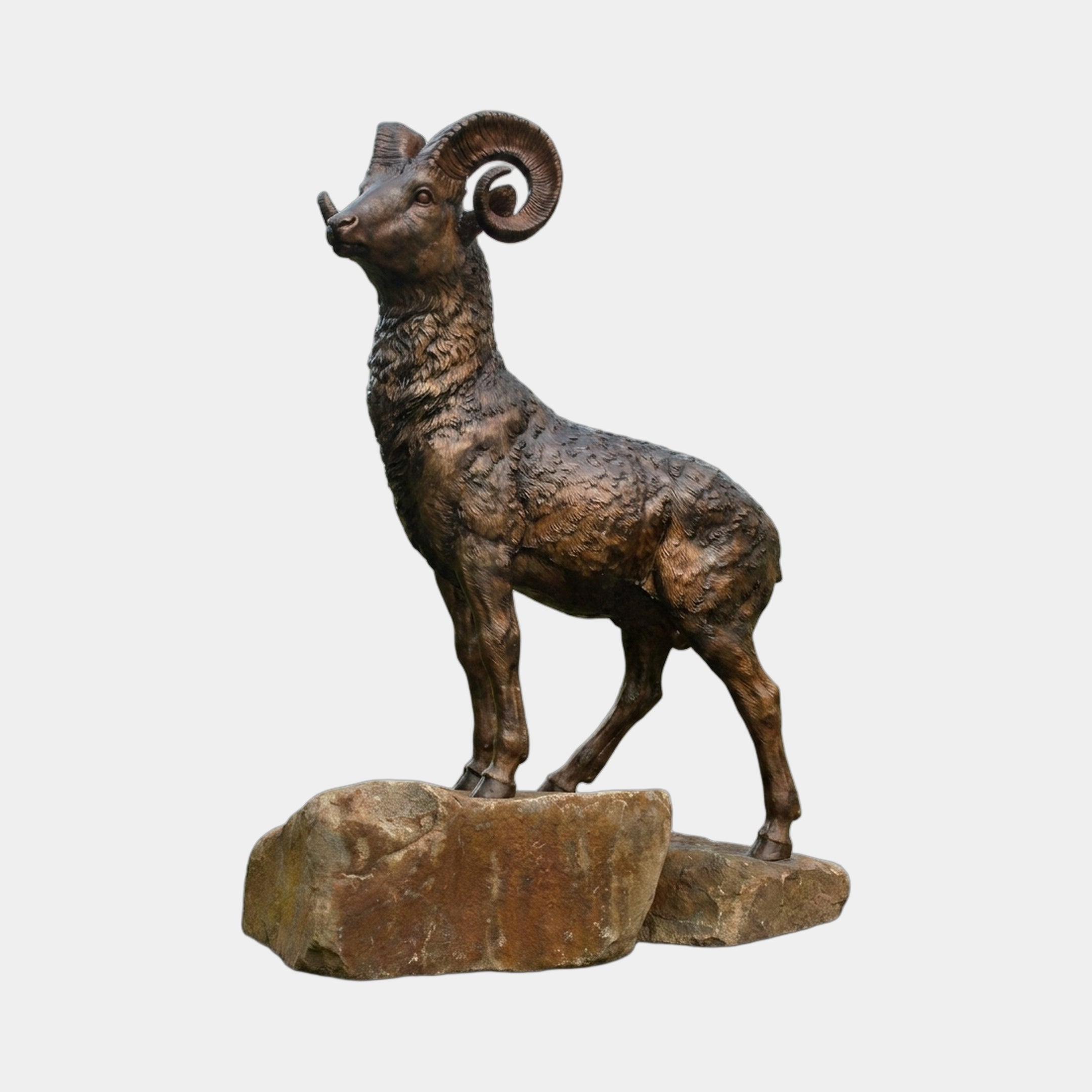 Life-Size Traditional Ram Bronze Sculpture by Giant Sculptures, 200cm bighorn ram with spiralling horns in alert stance on a stone boulder base, warm brown patina.