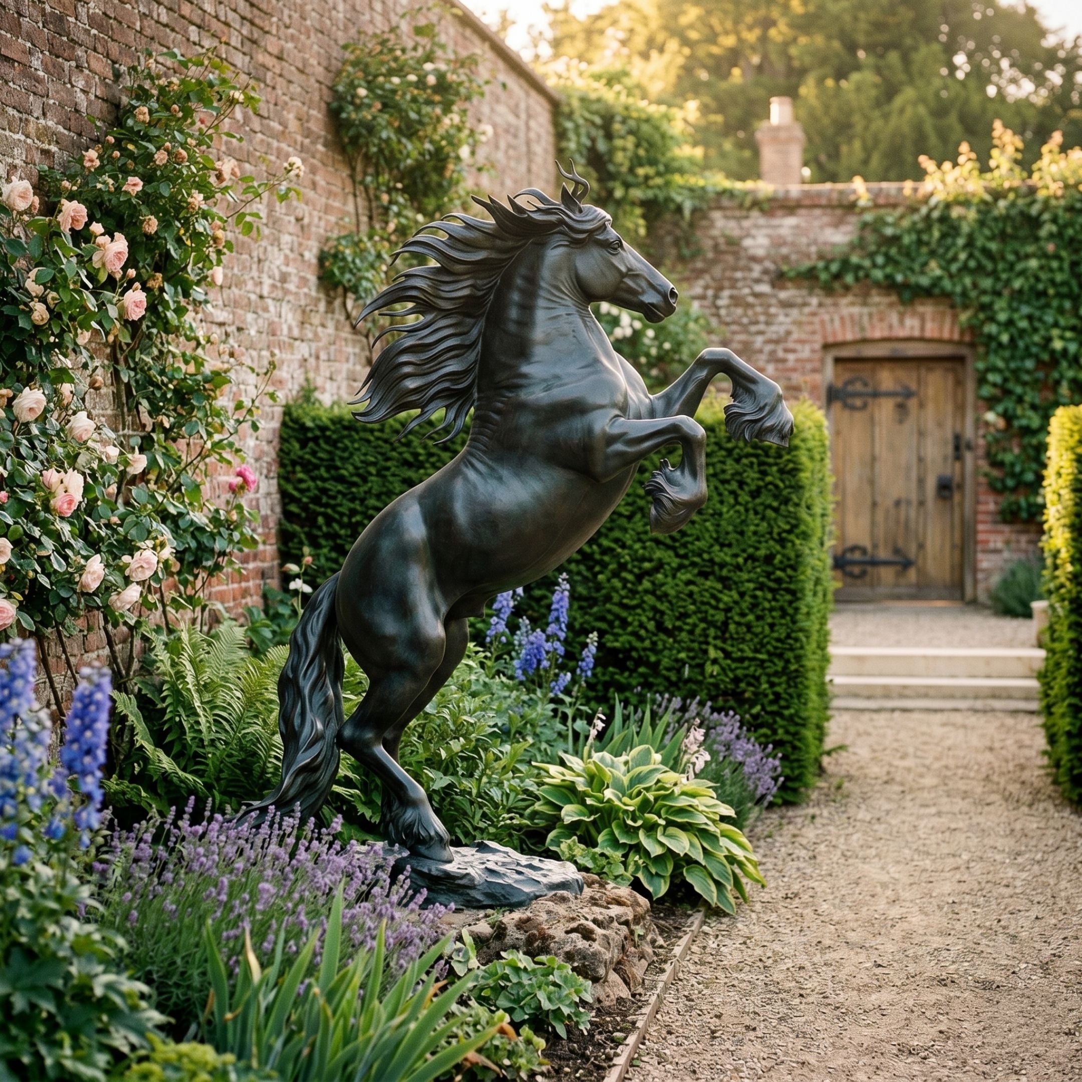 Life-Size Traditional Rearing Horse Bronze Sculpture by Giant Sculptures, dark patina stallion on a rocky base in a walled rose garden with lavender borders.