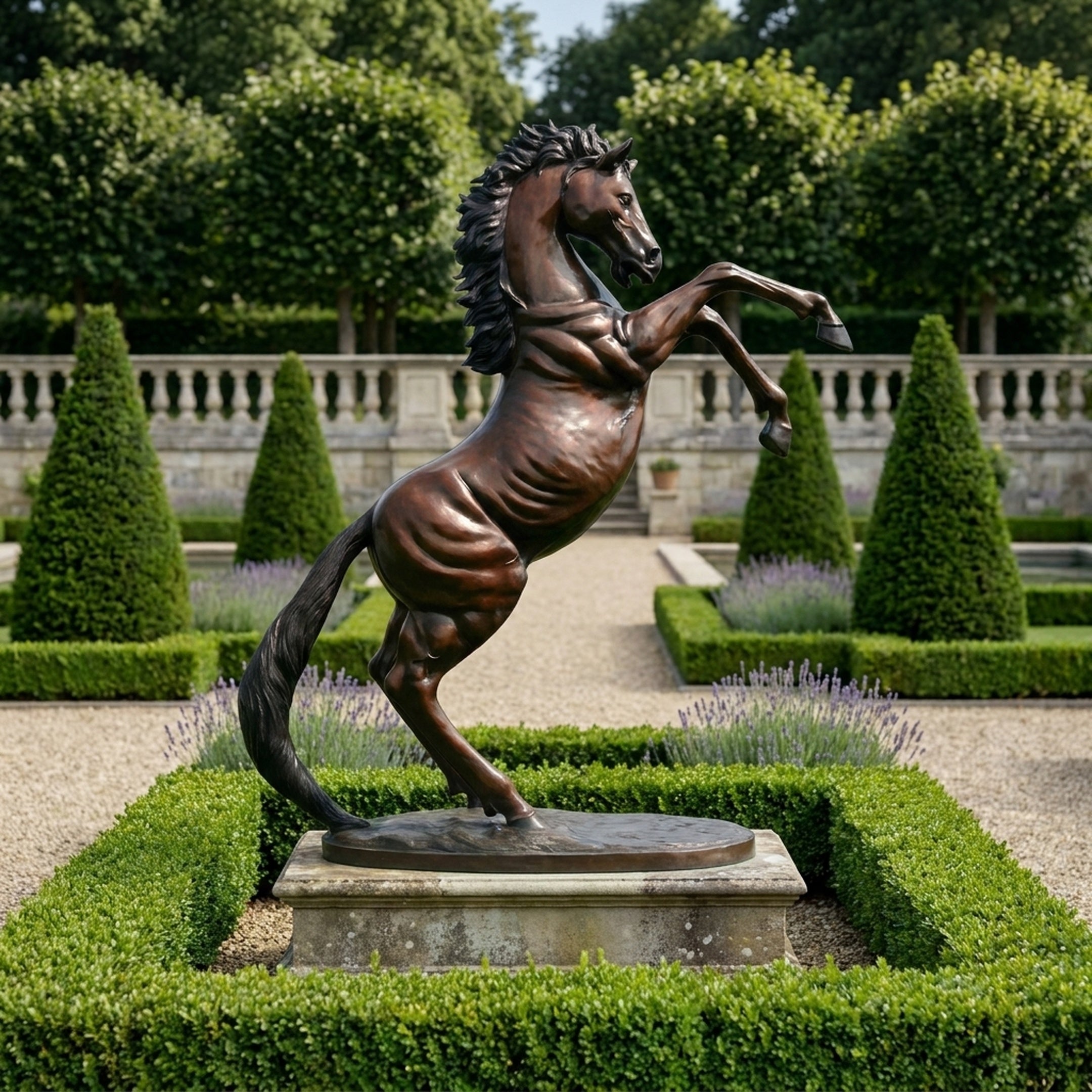 Life-Size Traditional Rearing Horse Bronze Sculpture by Giant Sculptures, reddish-brown patina, displayed on a stone plinth in a formal garden with lavender and topiary.