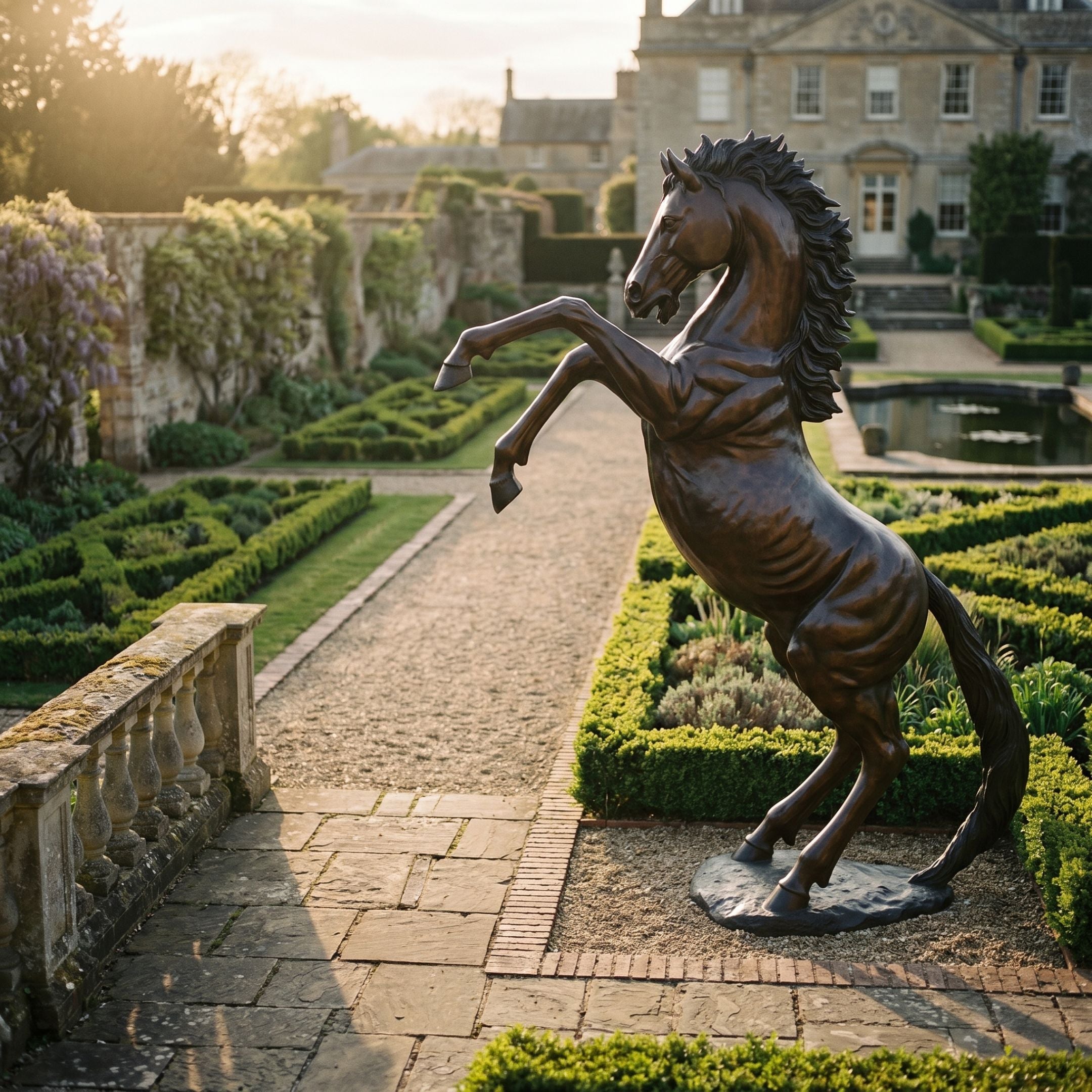 Life-Size Traditional Rearing Horse Bronze Sculpture by Giant Sculptures with reddish-brown patina, displayed in a formal manor garden with clipped hedging at sunset.