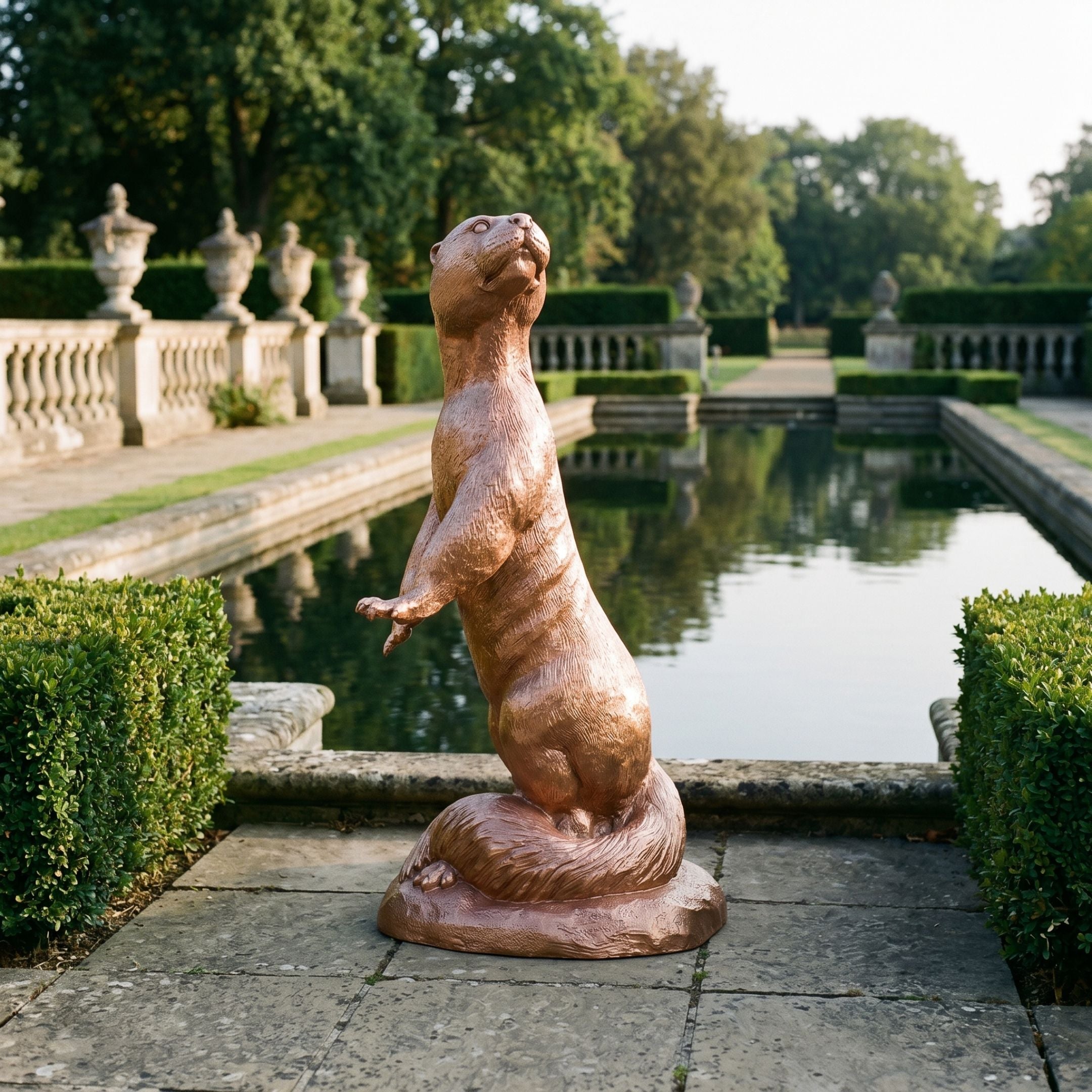 Life-Size Traditional Rearing Otter Bronze Sculpture by Giant Sculptures, 150cm with copper-toned patina, displayed beside a formal garden reflecting pool.