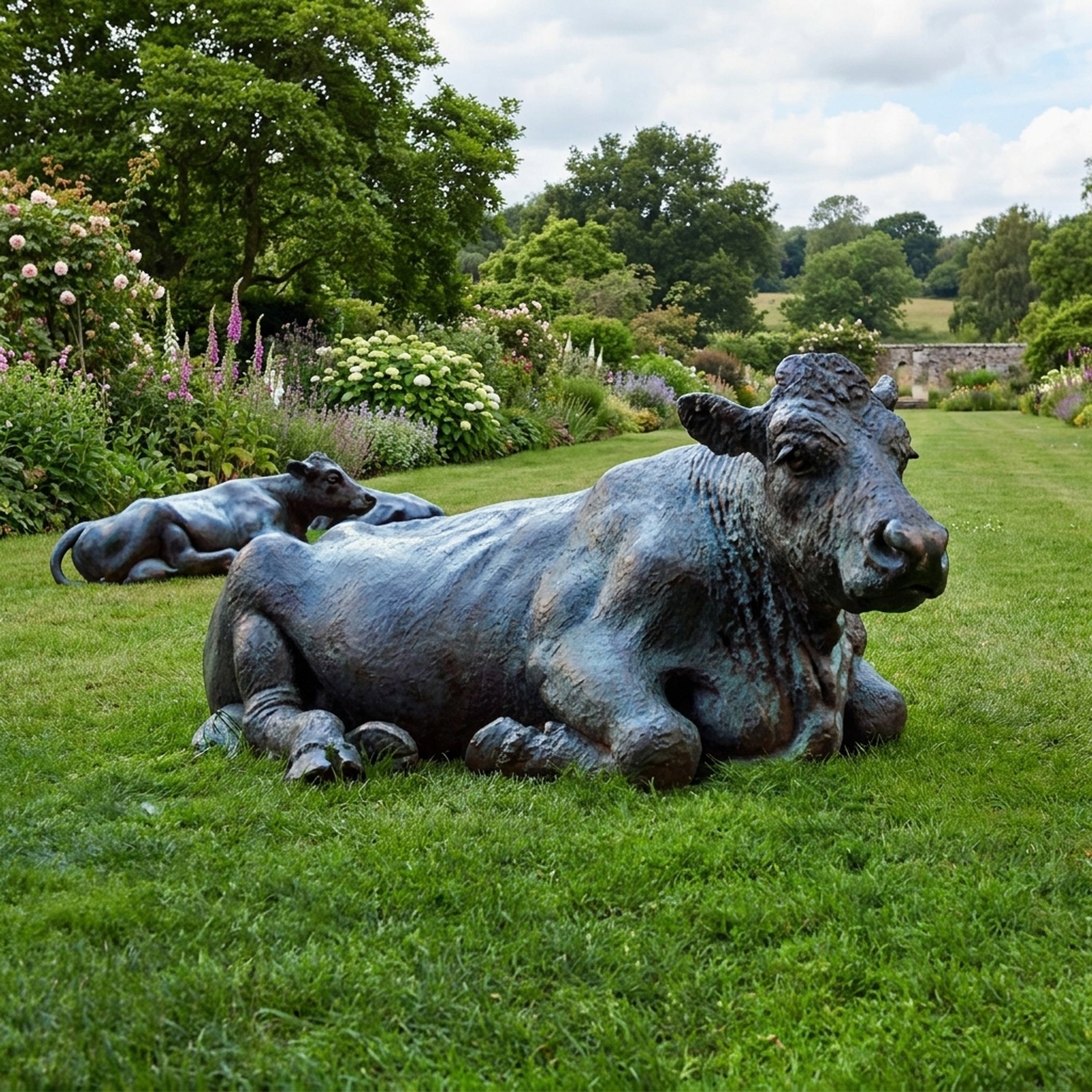 Life-Size Traditional Reclining Cow and Calf Bronze Sculpture by Giant Sculptures with verdigris patina, displayed on a lawn beside flowering garden borders.