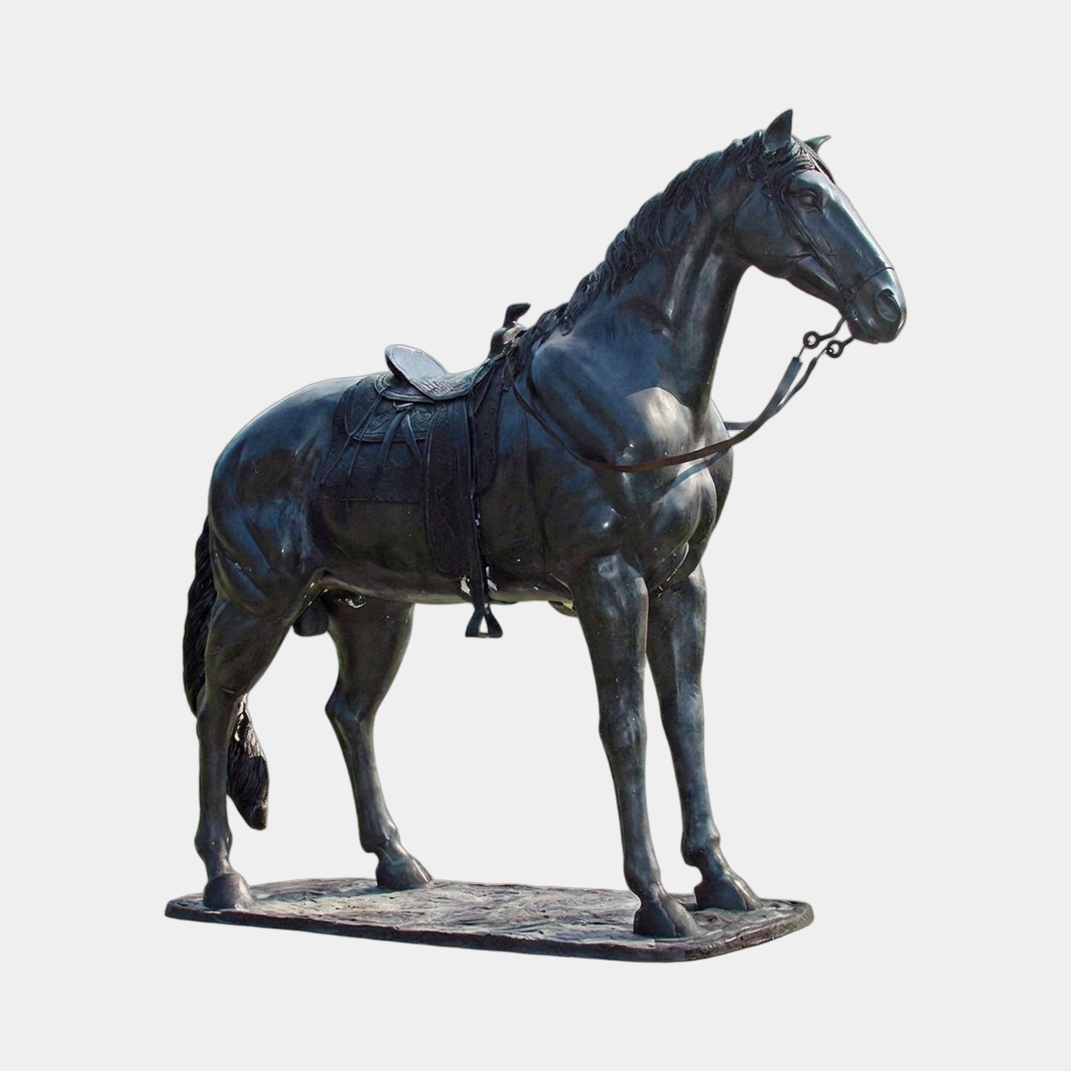 Life-Size Traditional Saddled Horse Bronze Sculpture by Giant Sculptures, 180cm dark-patinated bronze horse with Western saddle and bridle, shown on a plain background.