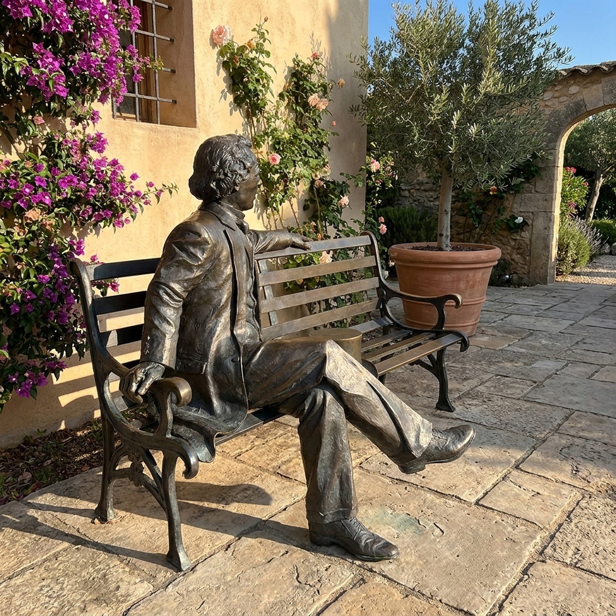 Giant Sculptures Life-Size Traditional Seated Gentleman Bronze Sculpture on a bench in a Mediterranean courtyard with bougainvillea and potted olive tree.