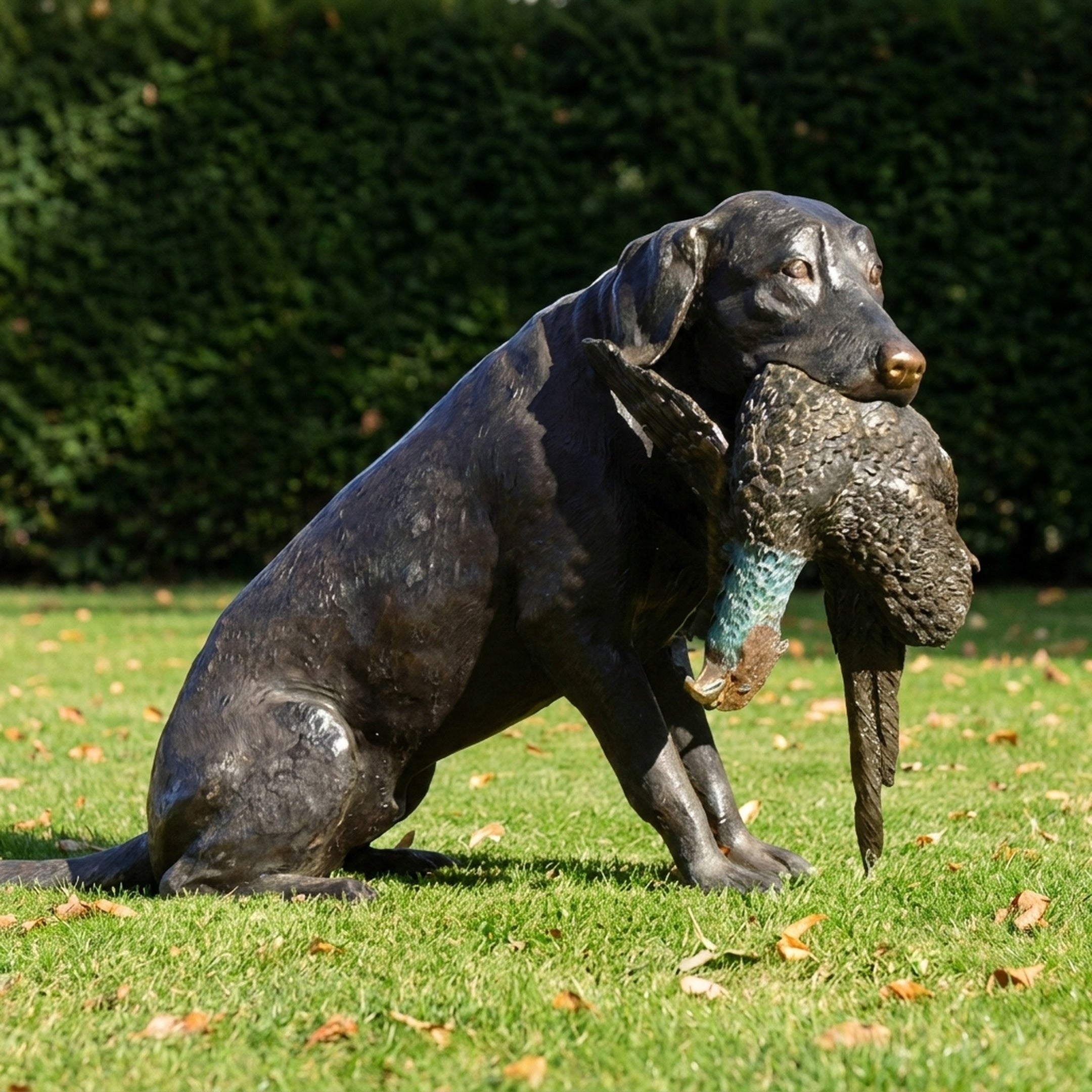 Life-Size Traditional Seated Labrador with Game Bird Bronze Sculpture by Giant Sculptures, shown in profile on a lawn with verdigris duck in its mouth.