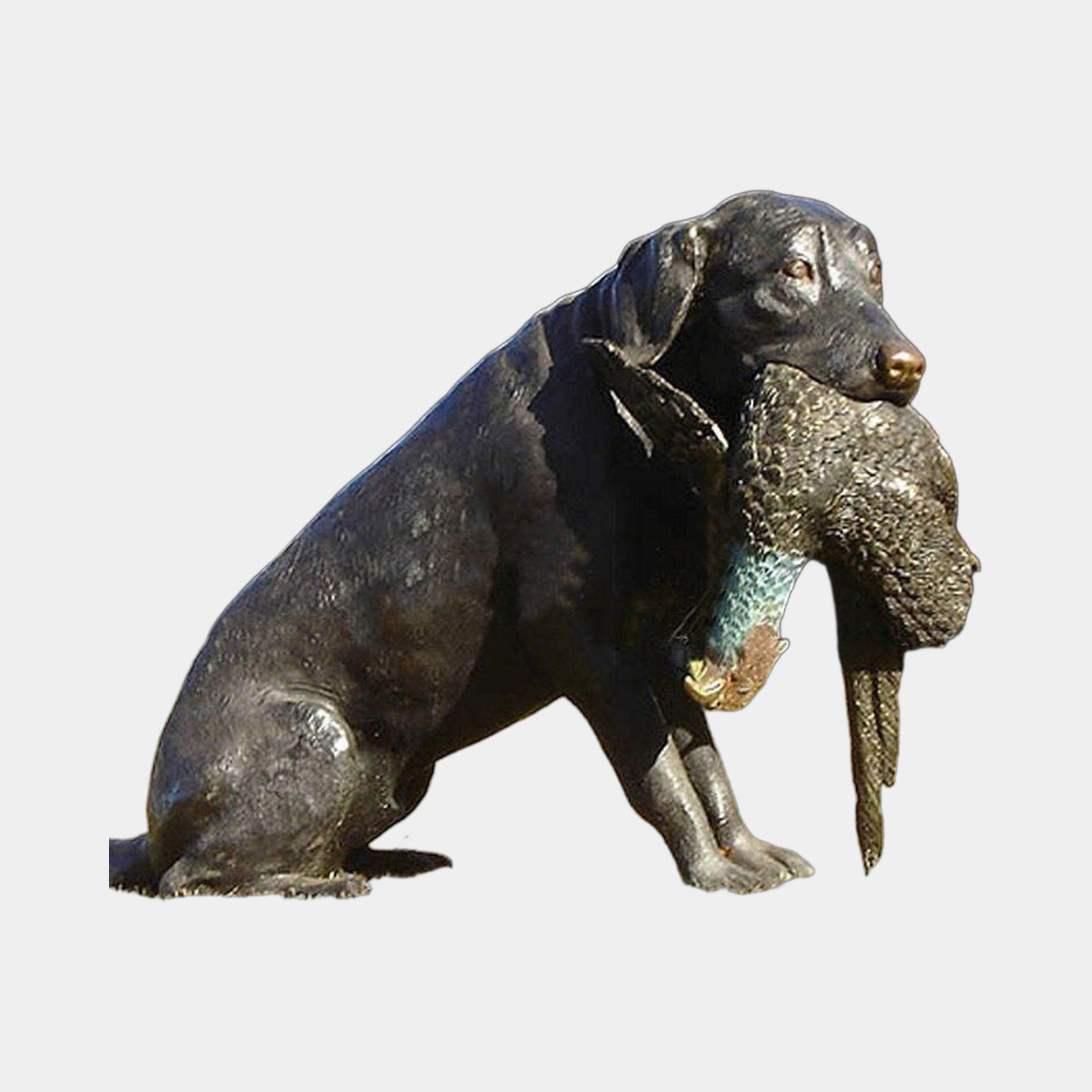 Giant Sculptures Life-Size Traditional Seated Labrador with Game Bird Bronze Sculpture in side profile, dark patina with verdigris bird detail, on a plain background.
