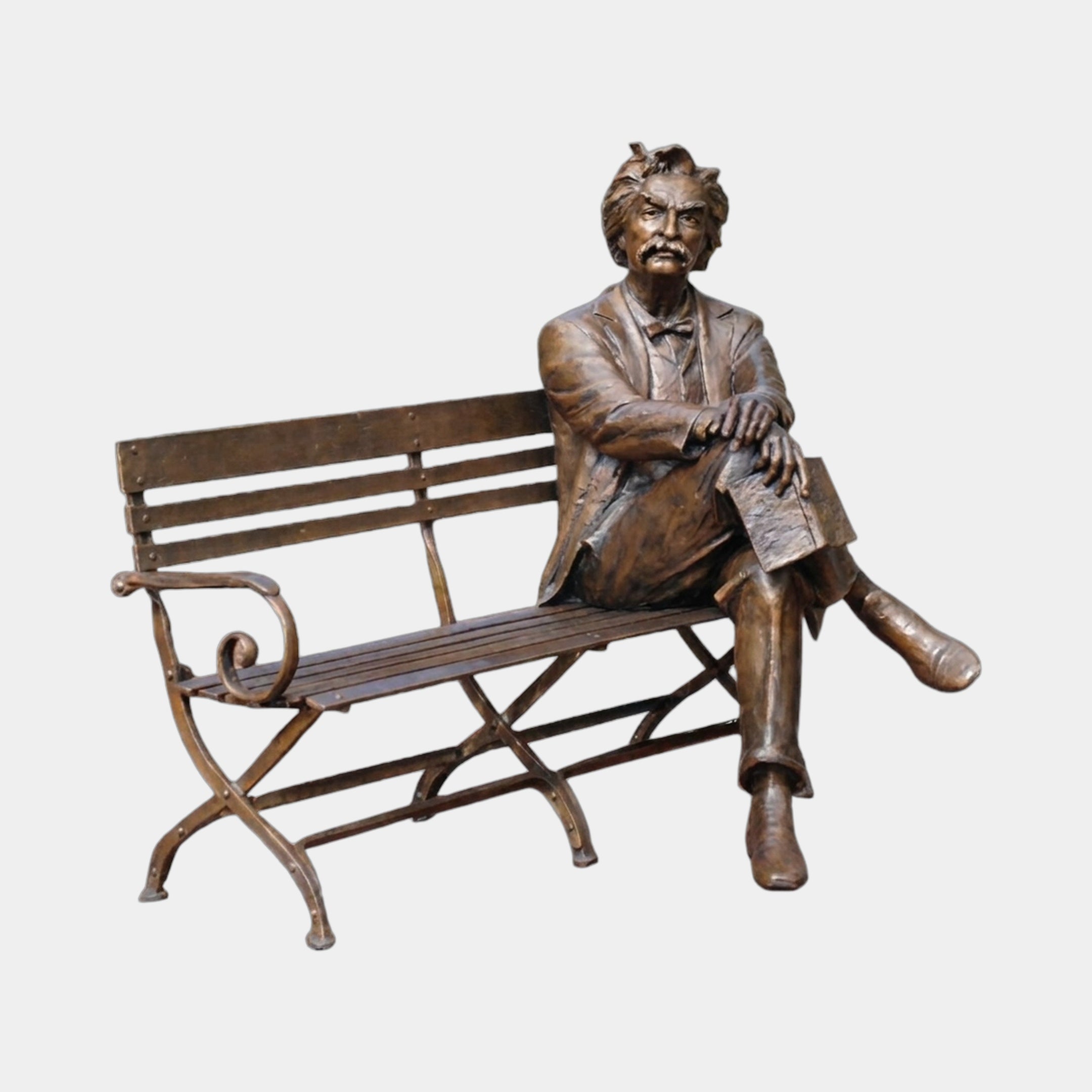 Life-Size Traditional Seated Male Figure Bronze Sculpture by Giant Sculptures, mid-brown patina, moustached man in suit and boots resting on an integrated park bench.