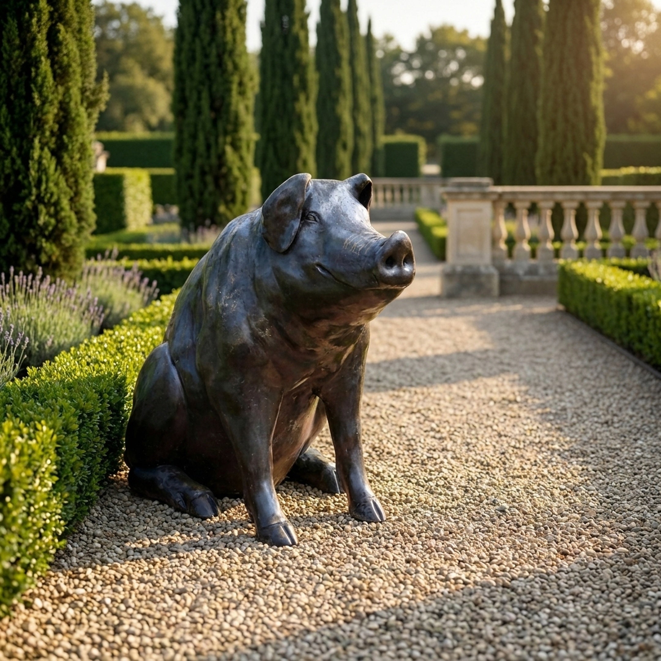 Life-Size Traditional Seated Pig Bronze Sculpture by Giant Sculptures with dark patina, displayed on a gravel path in a formal garden with cypress trees.