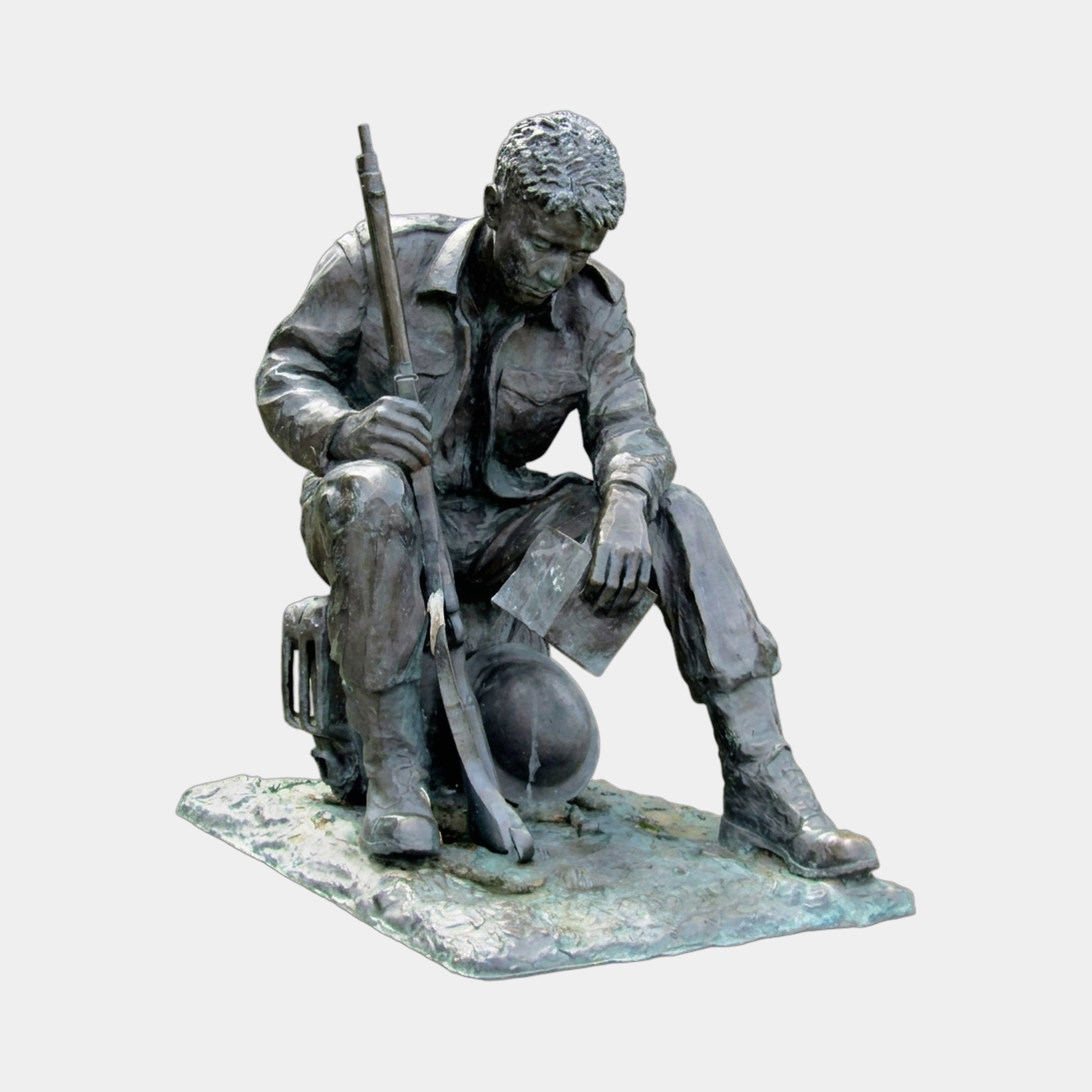 Life-Size Traditional Seated Soldier Bronze Sculpture by Giant Sculptures, dark patina figure in uniform with rifle and helmet, head bowed, on plain background.