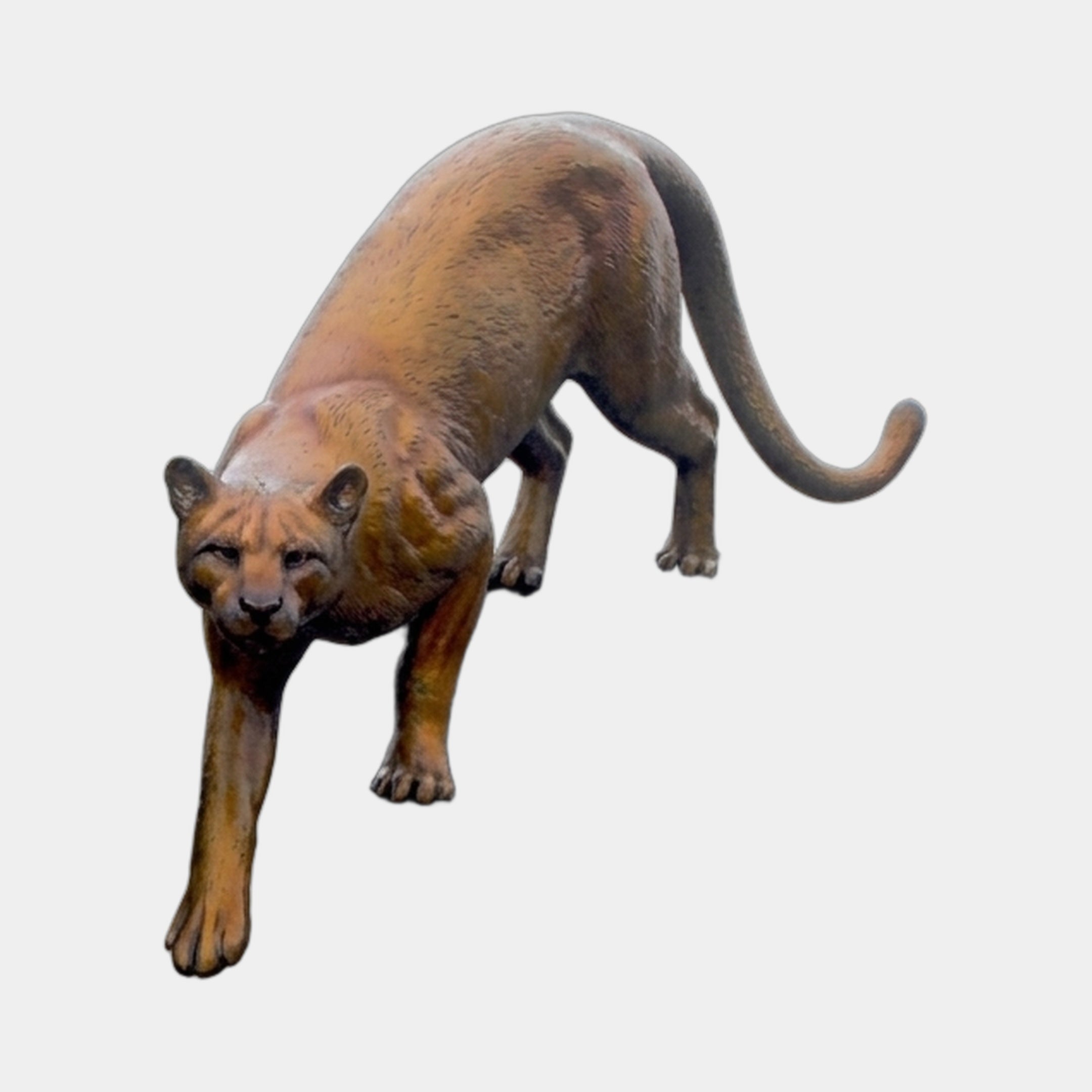 Life-Size Traditional Stalking Cougar Bronze Sculpture by Giant Sculptures, 180cm, shown in a low predatory crouch with warm golden-brown patina.