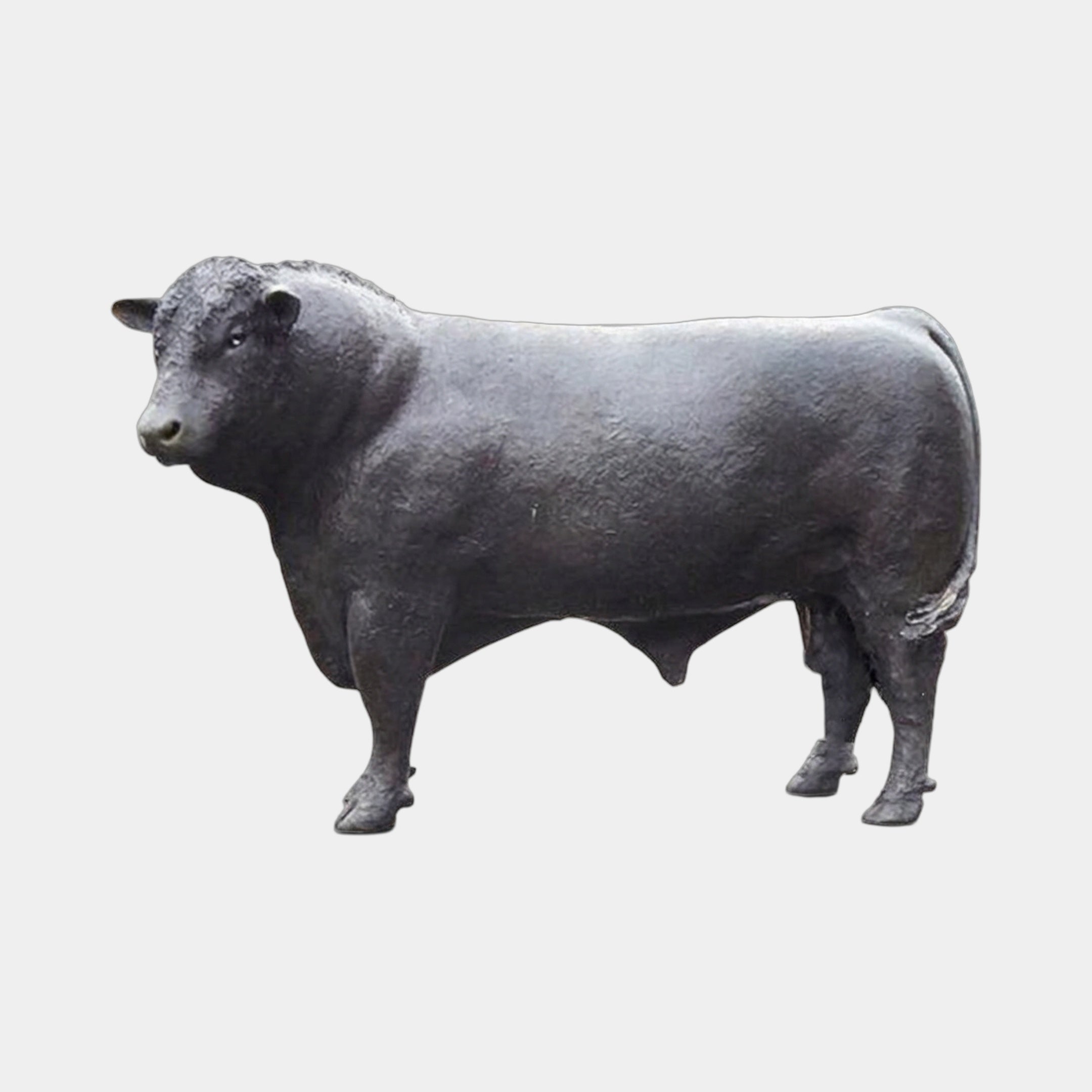 Life-Size Traditional Standing Bull Bronze Sculpture by Giant Sculptures, 170cm, shown side-on with dark near-black patina and head lowered toward viewer.