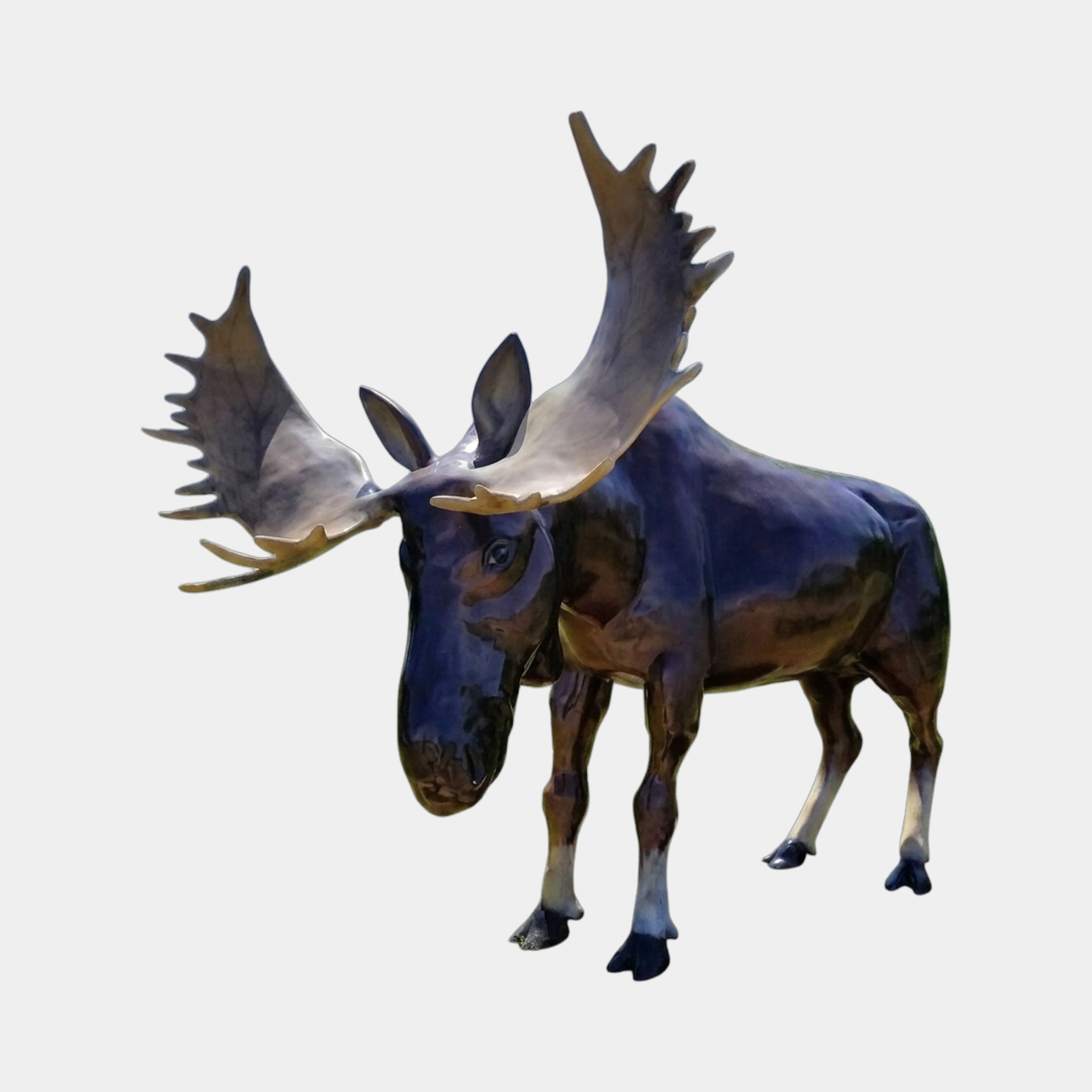 Life-Size Traditional Standing Bull Moose Bronze Sculpture by Giant Sculptures, 260cm, with broad palmate antlers in creamy gold and a dark brown body.