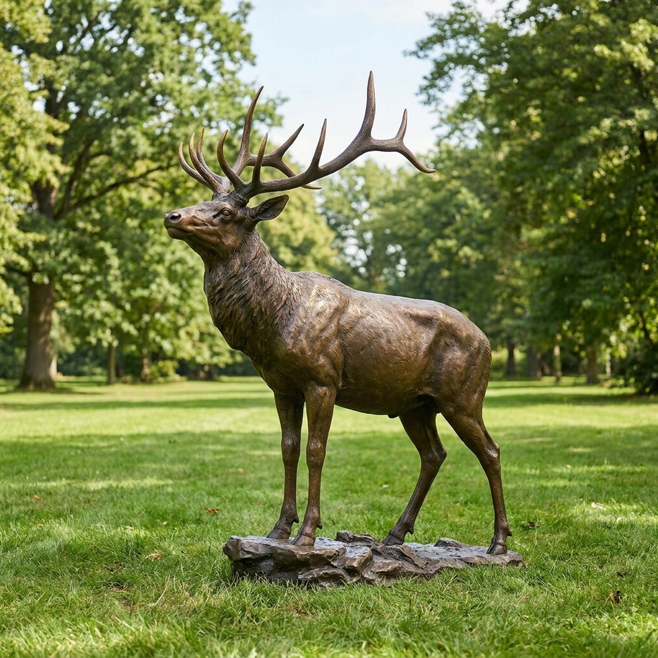 Life-Size Traditional Standing Elk Bronze Sculpture by Giant Sculptures, shown in profile on a rocky bronze base in a sunlit park with mature trees behind.