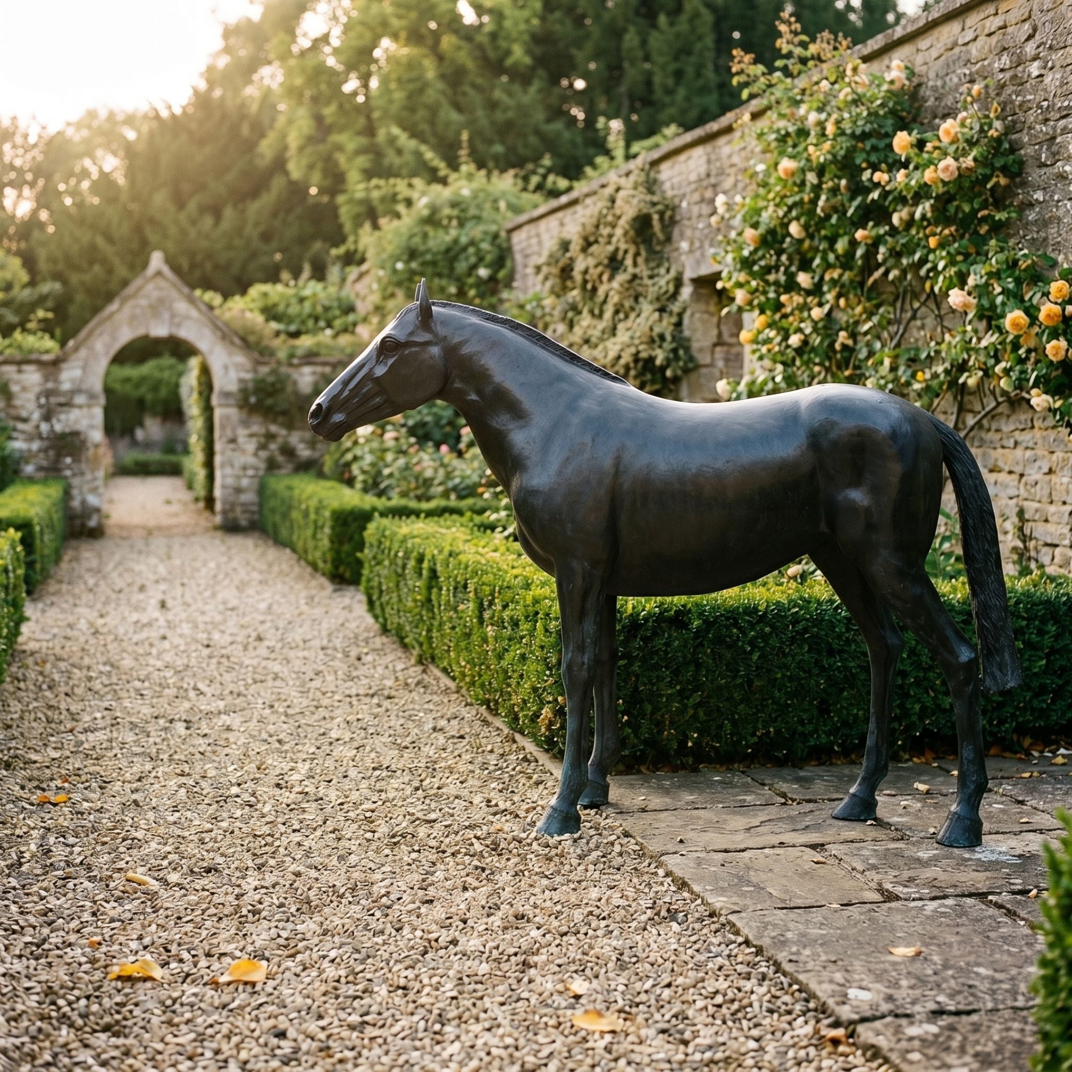 Life-Size Traditional Standing Horse Bronze Sculpture by Giant Sculptures with dark patina and verdigris legs, displayed on a stone path beside a walled rose garden.