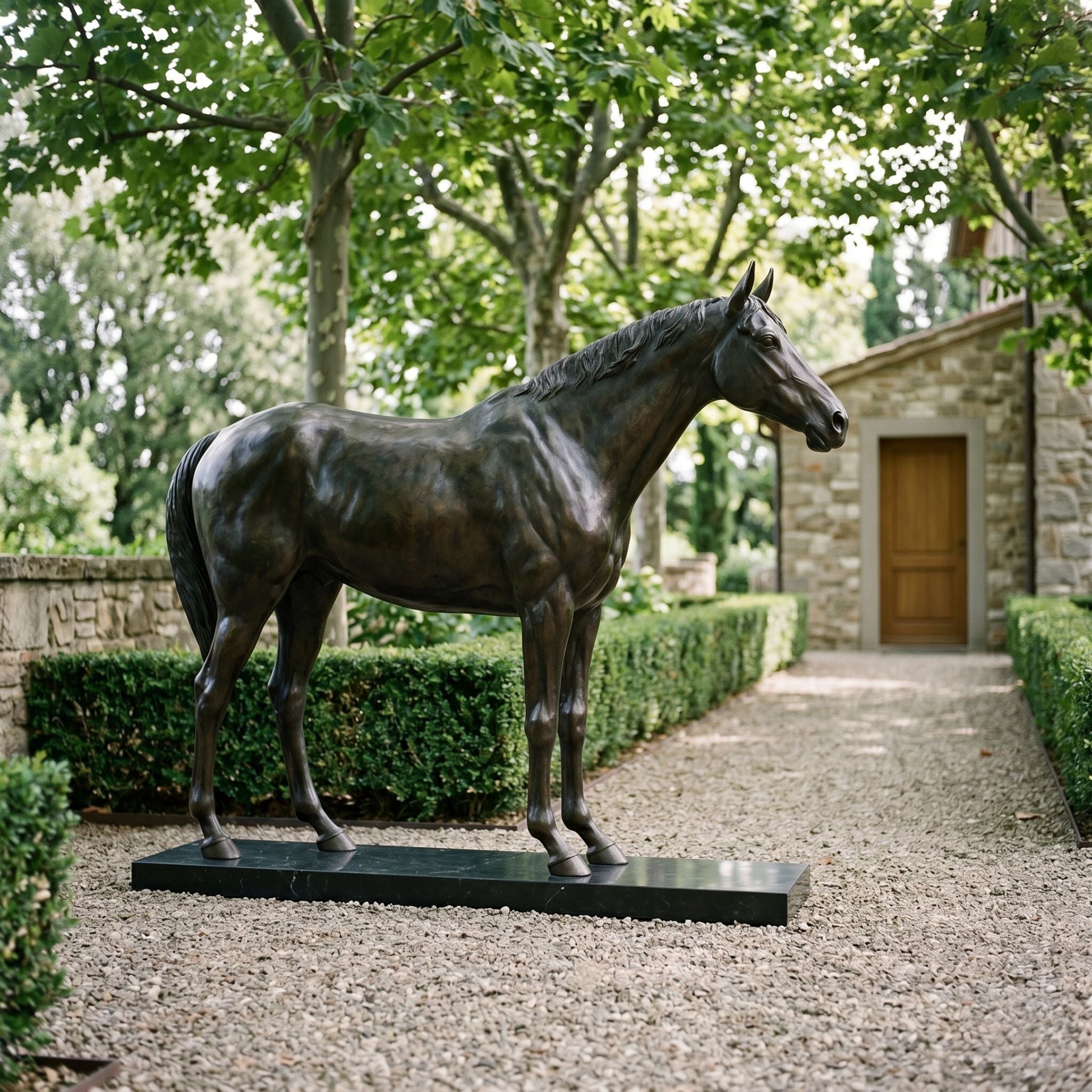 Life-Size Traditional Standing Horse Bronze Sculpture by Giant Sculptures with head lowered and turned, displayed on a black base along a gravel garden path.