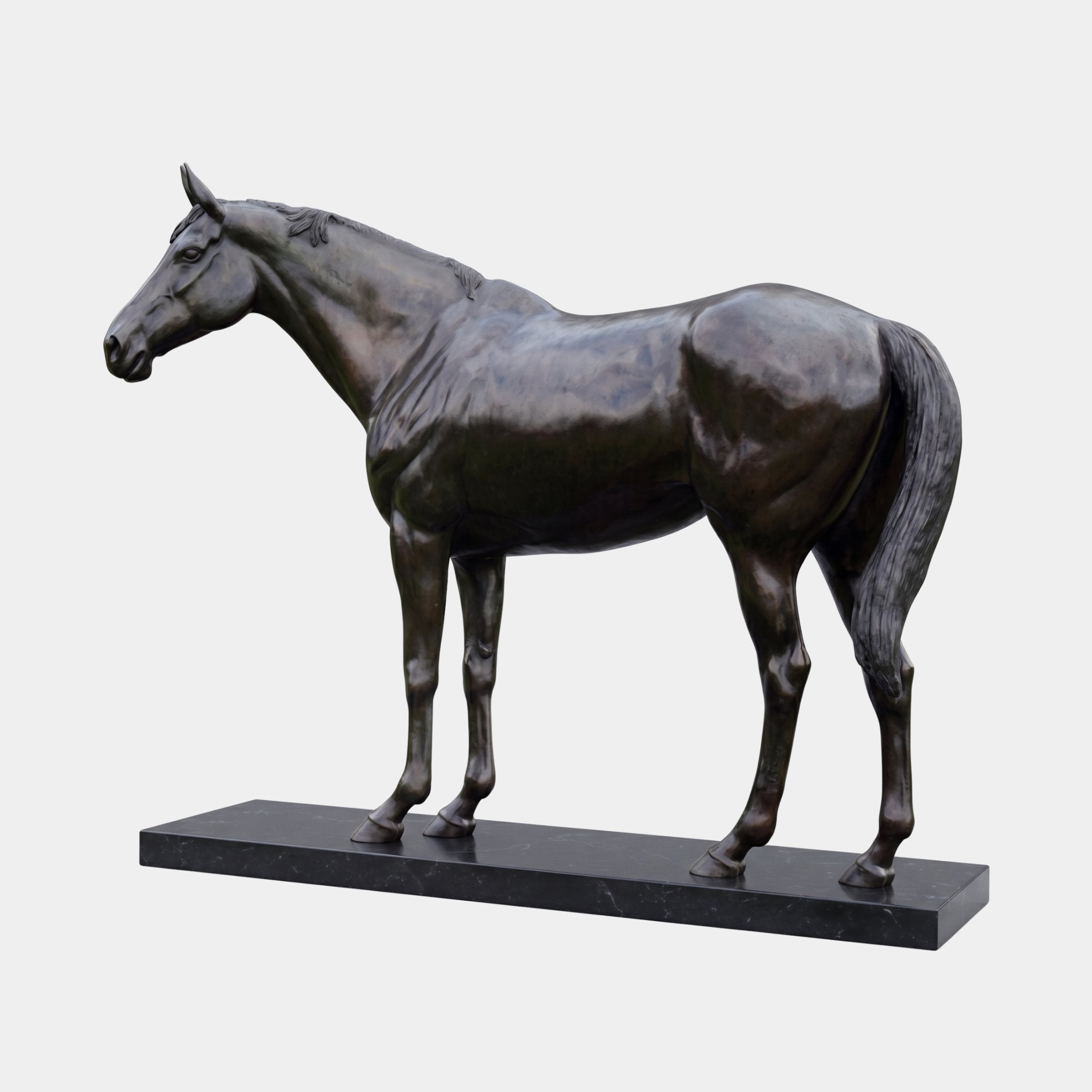 Life-Size Traditional Standing Horse Bronze Sculpture 180cm by Giant Sculptures, dark patina horse on a black marble base, side view, plain background.